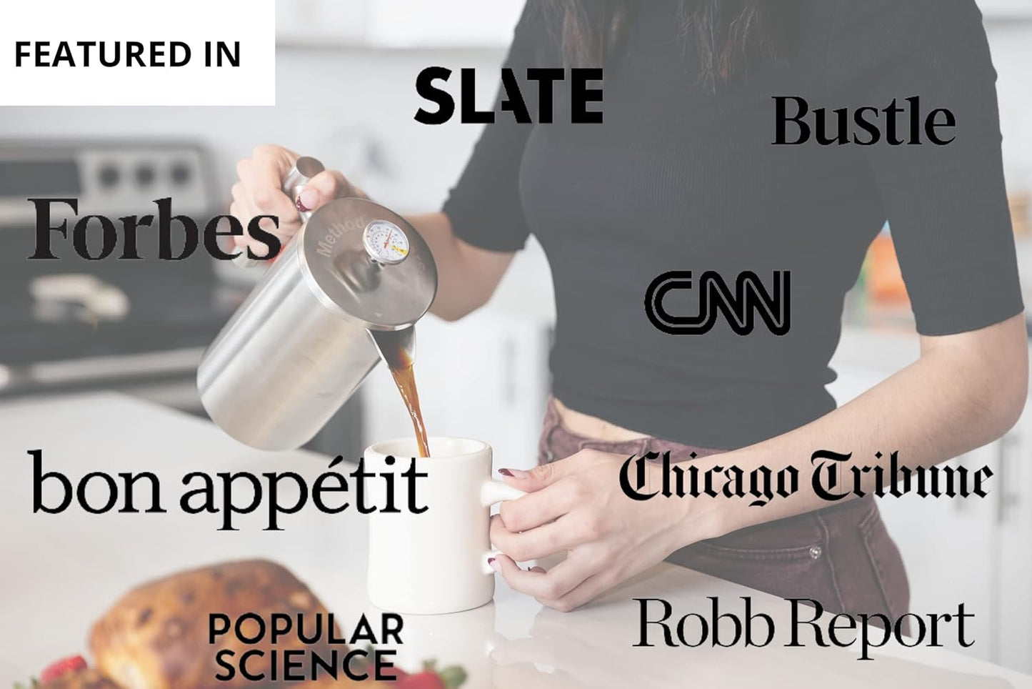 Barista Warrior French Press with Thermometer - Insulated Coffee Press - Stainless Steel Coffee Maker (1.0L | 34 fl oz) (White)