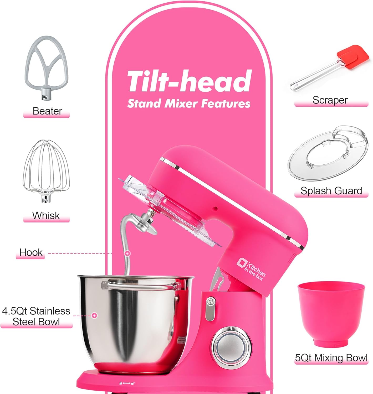 Kitchen in the box Stand Mixer, 4.5QT+5QT Two bowls Electric Food Mixer, 10 Speeds 3-IN-1 Kitchen Mixer for Daily Use with Egg Whisk,Dough Hook,Flat Beater (Neon Pink, 5QT)