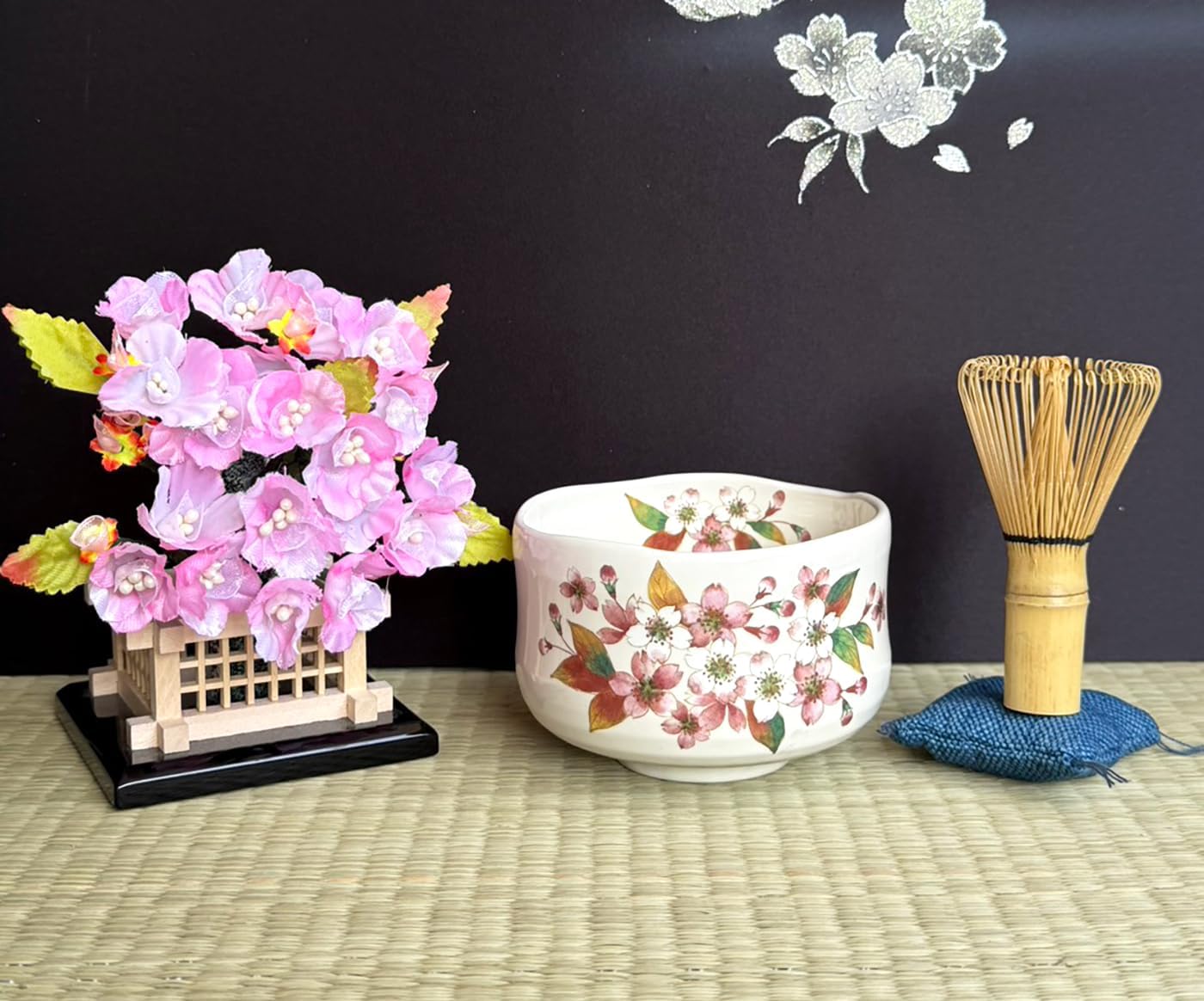 Japanese Traditional Mino Ware Handcrafted Mini Matcha Chawan Tea Bowl Cup Set With Chasen Bamboo Tea Whisk Ceremony Tableware Pottery (Kohiki Sakura)