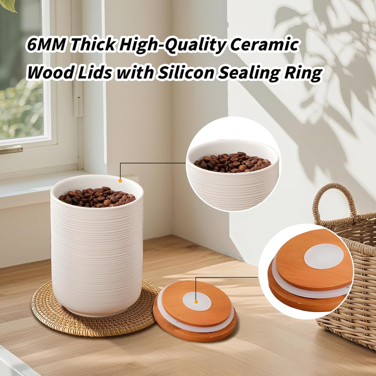 Food Storage Jar Strong Ceramic Storage Canisters with Airtight Wooden Lid,Kitchen Storage Containers for Serving Coffee Beans, Tea, Sugar, Salt, Spices (Medium white)