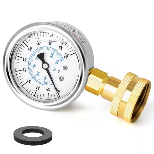 MEANLIN MEASURE 0~100Psi Stainless Steel Frame 3/4" Female 2.5" FACE DIAL Liquid Filled Pressure Gauge WOG Water Oil Air Water Pressure Test Table with Sealing Ring (with 2PCS Snaps)