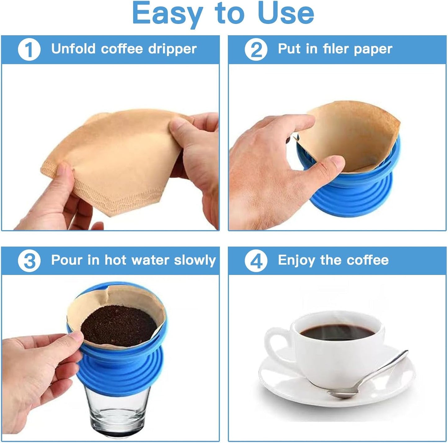 Collapsible Pour Over Coffee Dripper Set - Silicone Reusable Cone Filter Holders with 100Pcs Paper Filters - For Home, Camping, Travel, Office (1, Blue)
