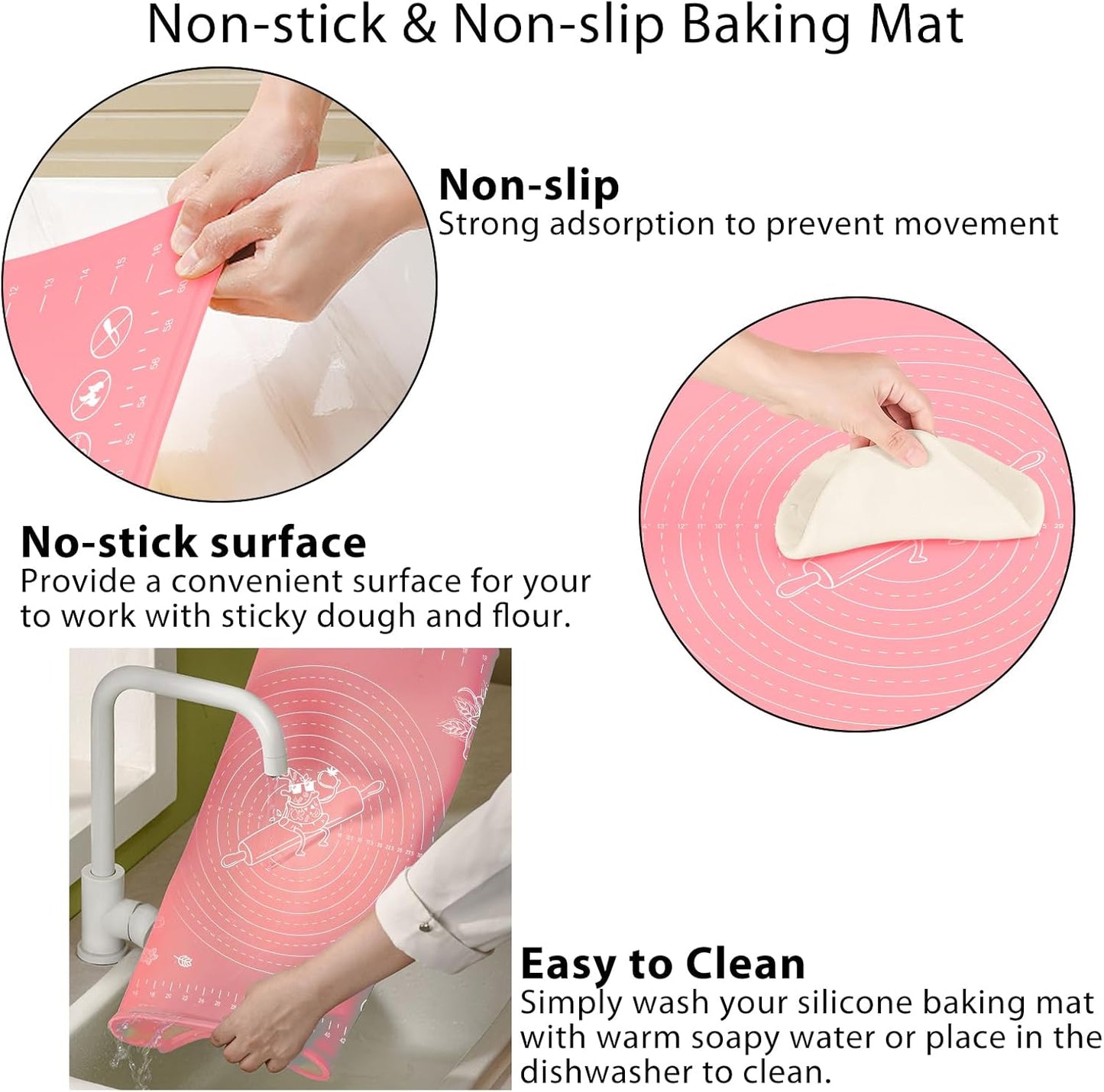 Silicone Pastry Mat 28" x 20" Extra Thick Non Stick Baking Mat with Measurements and Edge Heightening, Food Grade Silicone Rolling Mat for Pastry, Bread, Cookies, Pizza, Fondant, Pasta - Pink