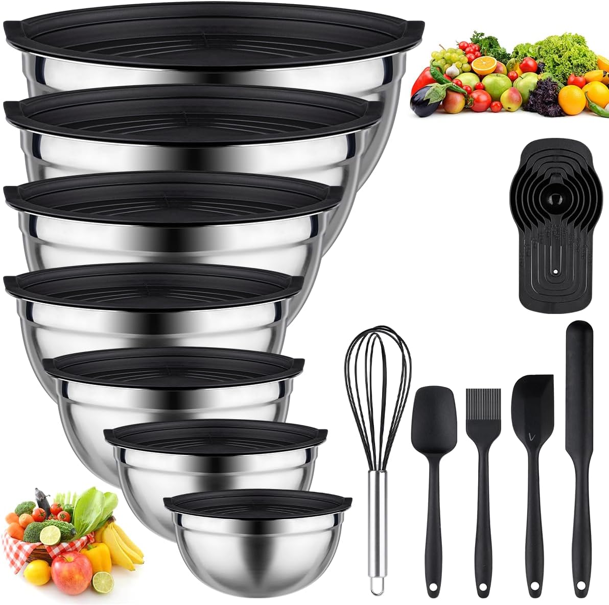 Mixing Bowls with Lids set - 25 PCS Stainless Steel Nesting Black Mixing Bowls Set for Baking, Mixing, Serving & Prepping, Size 5, 3.7, 2.8, 2.3, 1.7, 1.1, 0.7QT, 11 Cooking Utensils