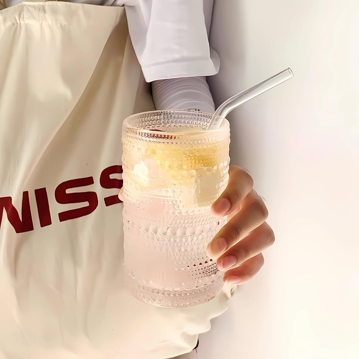 2 Pcs Iced Coffee Glasses Cups with Glass Lids and Straws,12 oz Thick Emboss Beaded Drinking Glass Cup Set,Latte Glasses,Ideal for Water,Soda,Gift - with Cleaning Brushe