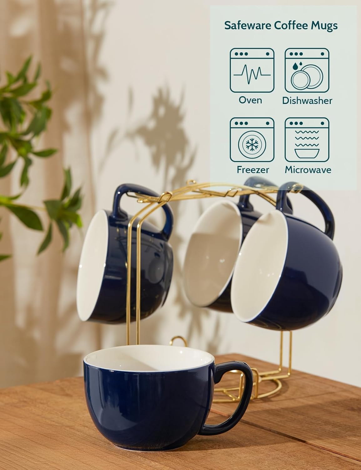 Teocera 16oz Large Coffee Mugs Set of 4 - Thick White Porcelain Cups for Cappuccino, Latte, Tea & Hot Chocolate - Dishwasher Safe Ceramic with Comfort Grip Handles（Navy