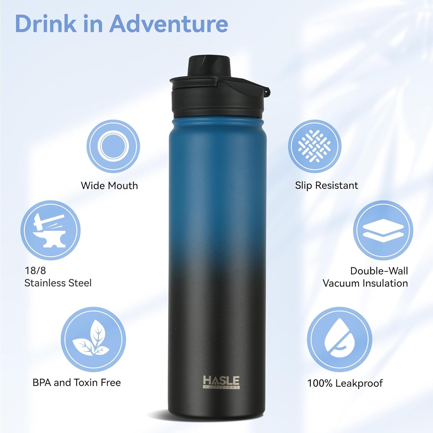 HASLE OUTFITTERS Insulated Water Bottle 22 oz Double Wall Stainless Steel Water Bottle Wide Mouth with Straw Lid & Spout Lid Keeps Cold or Hot(Blue Black Gradient,1)