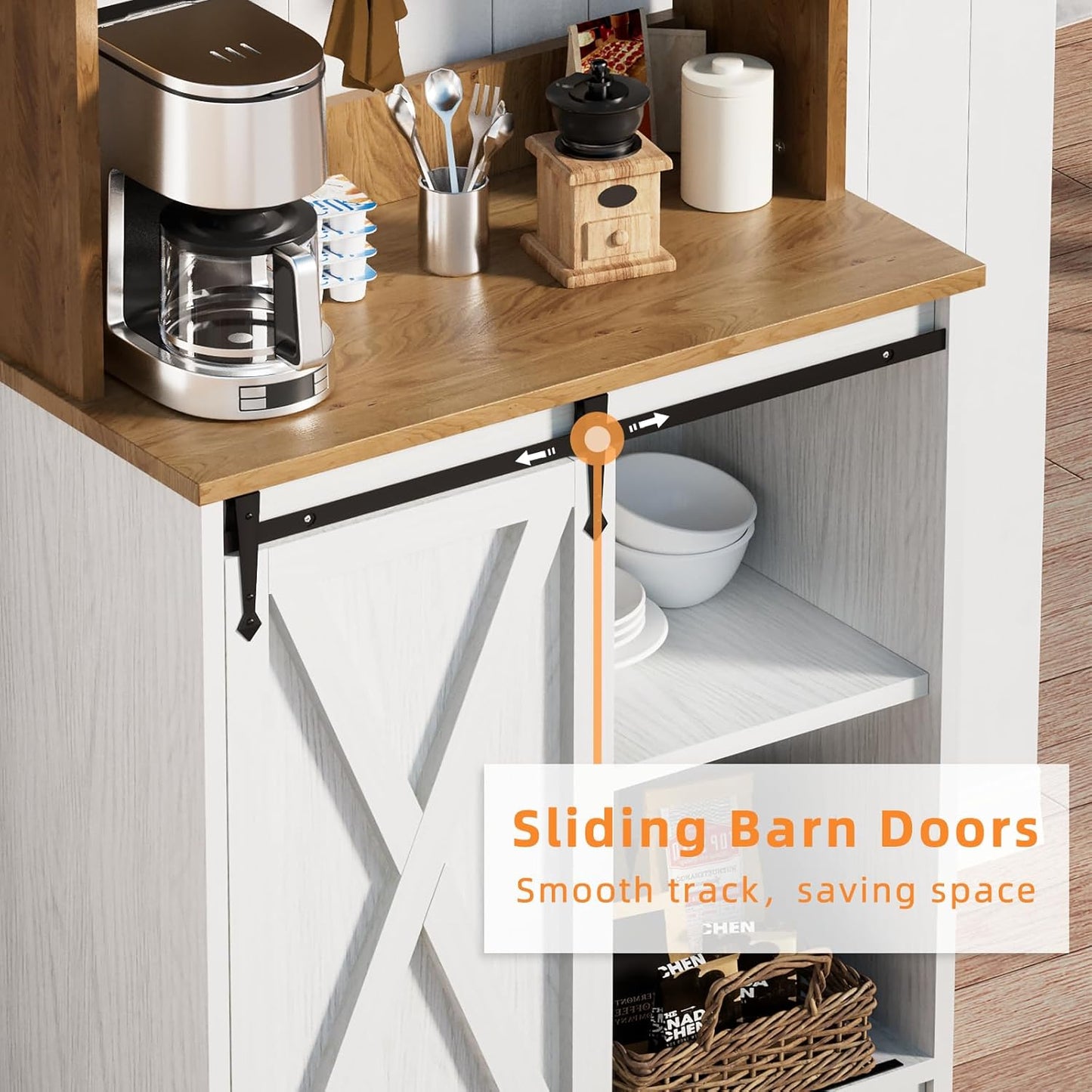 Farmhouse Coffee Station with 3 Tier Storage Hutch & 6 Hooks - 56 Inch Small Coffee Bar Table with Adjustable Shelves for Living/Dining Room