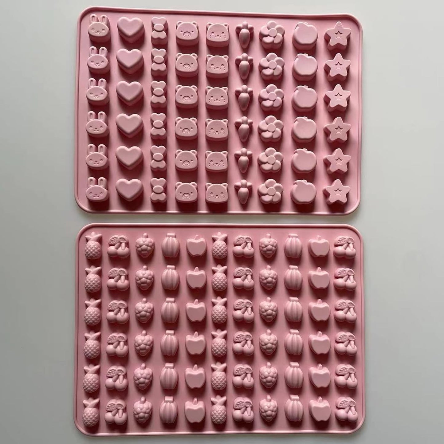 Mini Silicone Molds,120 Cups Chocolate Drops Mold,Fondant Cake Mold for Chocolate,Hard Candy,Biscuits,Cookie,Jelly,Sugarcraft,Homemade Treats and DIY Baking,2 Pack(66 Fruit & 54 Animal) Pink