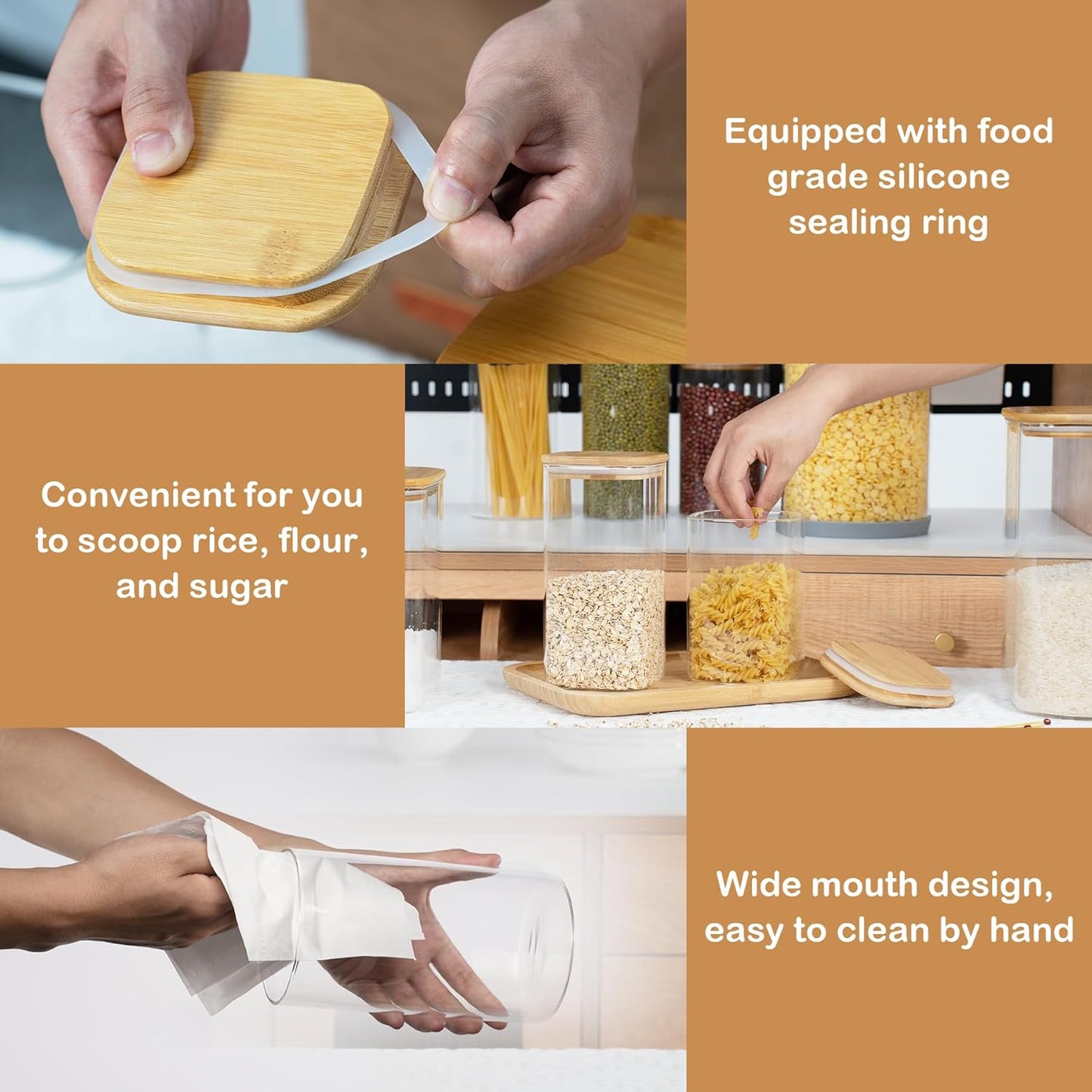 52oz Airtight Glass Square Storage Canister with Bamboo Lid Set of 3 (1550ml) Container Stackable Spice Jar, Kitchen Canister for Flour, Cookies, Cereal and Coffee beans (‎with Black Lable)