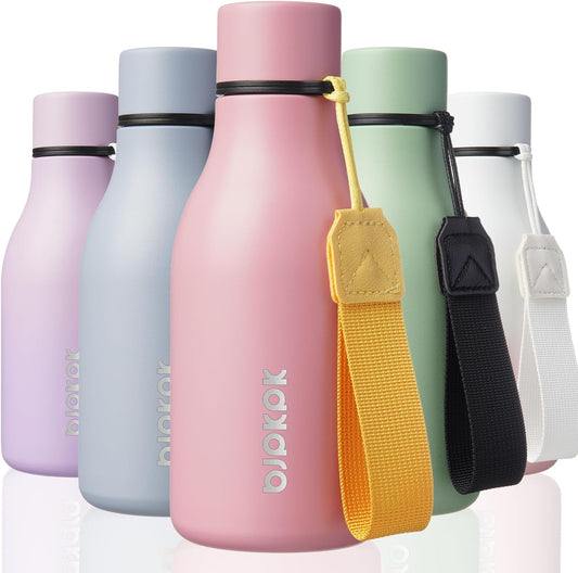 BJPKPK Insulated Water Bottles, 12oz Stainless Steel Metal Water Bottle with Strap, BPA Free Leak Proof Thermos, Mugs, Flasks, Reusable Water Bottle for Sports & Travel, Light Pink