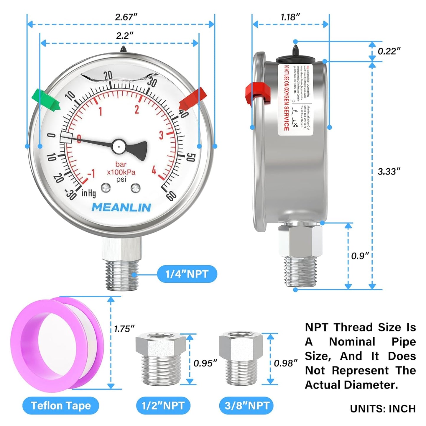 MEANLIN MEASURE -30inHG~60Psi Vacuum Pressure Gauge 316 Stainless Steel Joint 1/4"NPT 2.5"FACE DIAL, Liquid Filled Pressure Gauge WOG Water Oil Air Lower Mount with Stainless Steel Hex Bushing, Snaps