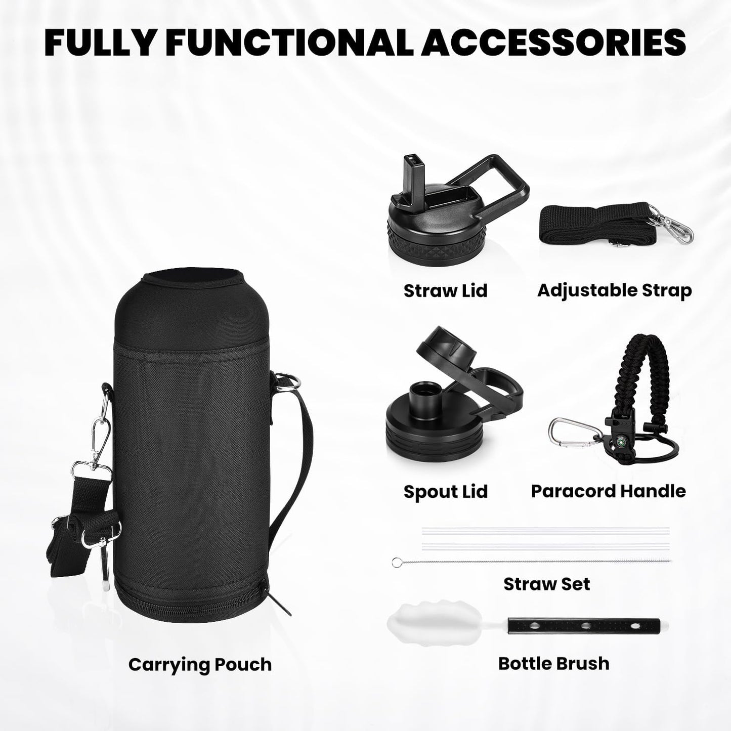 Insulated Water Bottle 32 oz, Triple Wall Vacuum Stainless Steel (Cold for 48 Hrs), Leak Proof & Non-BPA, Modern Water Flask Jug with Paracord Handle & Straw Spout Lids, Magic Black