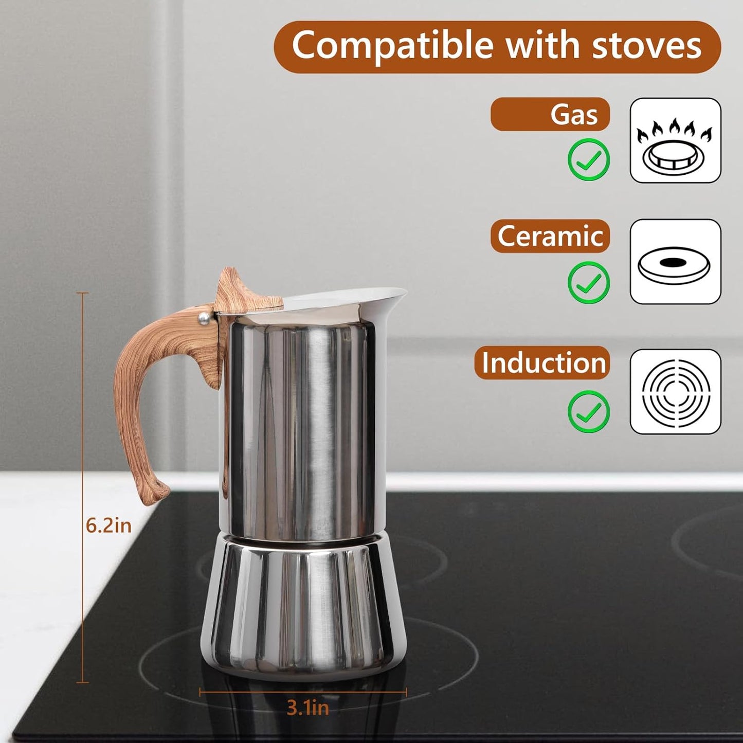 Induction Moka Pot, Stainless Steel, Stovetop Espresso Coffee Maker, 4 Cup/200ml/7.0oz, Easy to Use and Clean, Camping Home Use | for Mocha Cappuccinos, Lattes