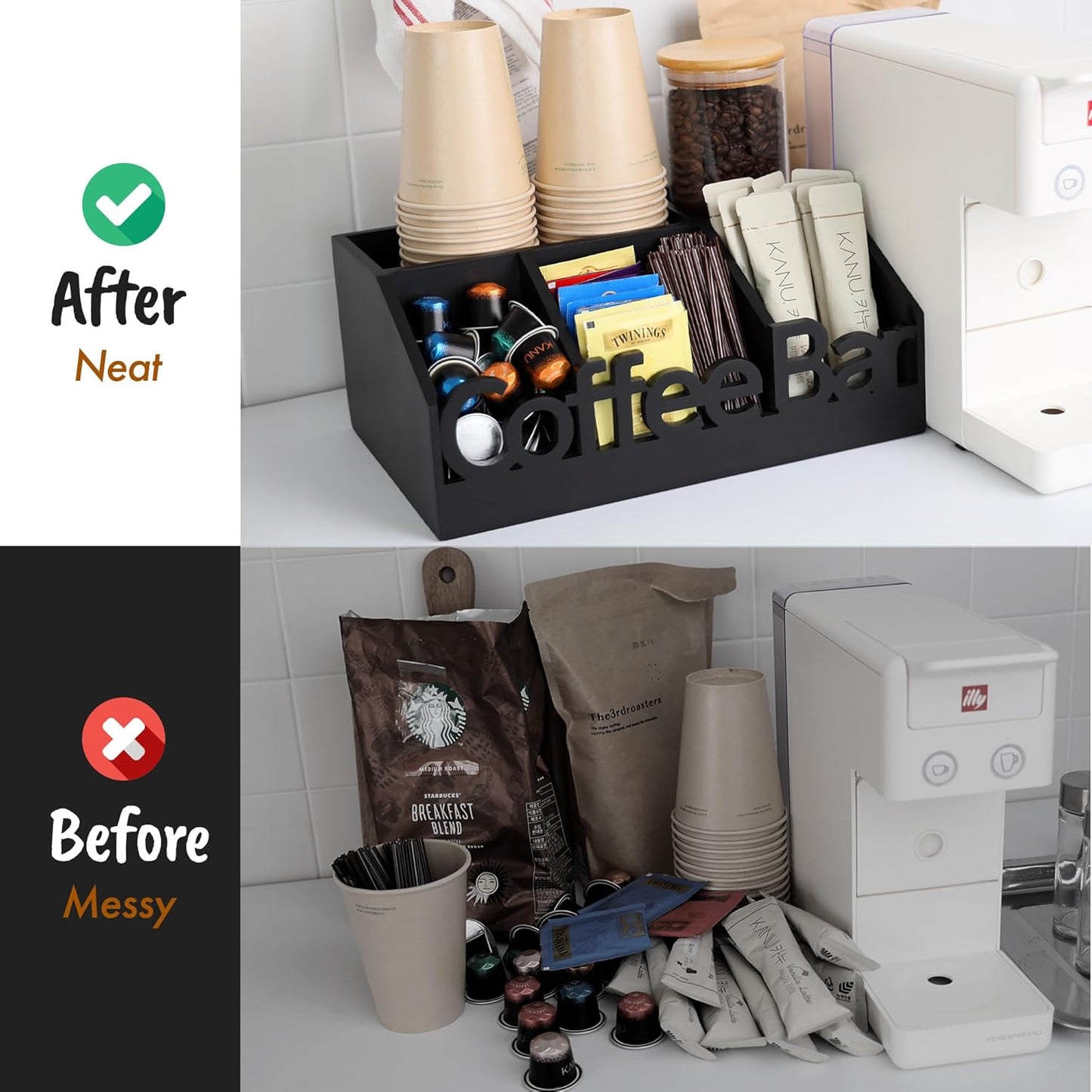 Coffee Bar Organizer for Countertop – Wooden Coffee and Tea Station Caddy with Tray for Pods, Cups, Condiments, and Accessories – Kitchen or Office Counter Storage (Medium Size -Black)