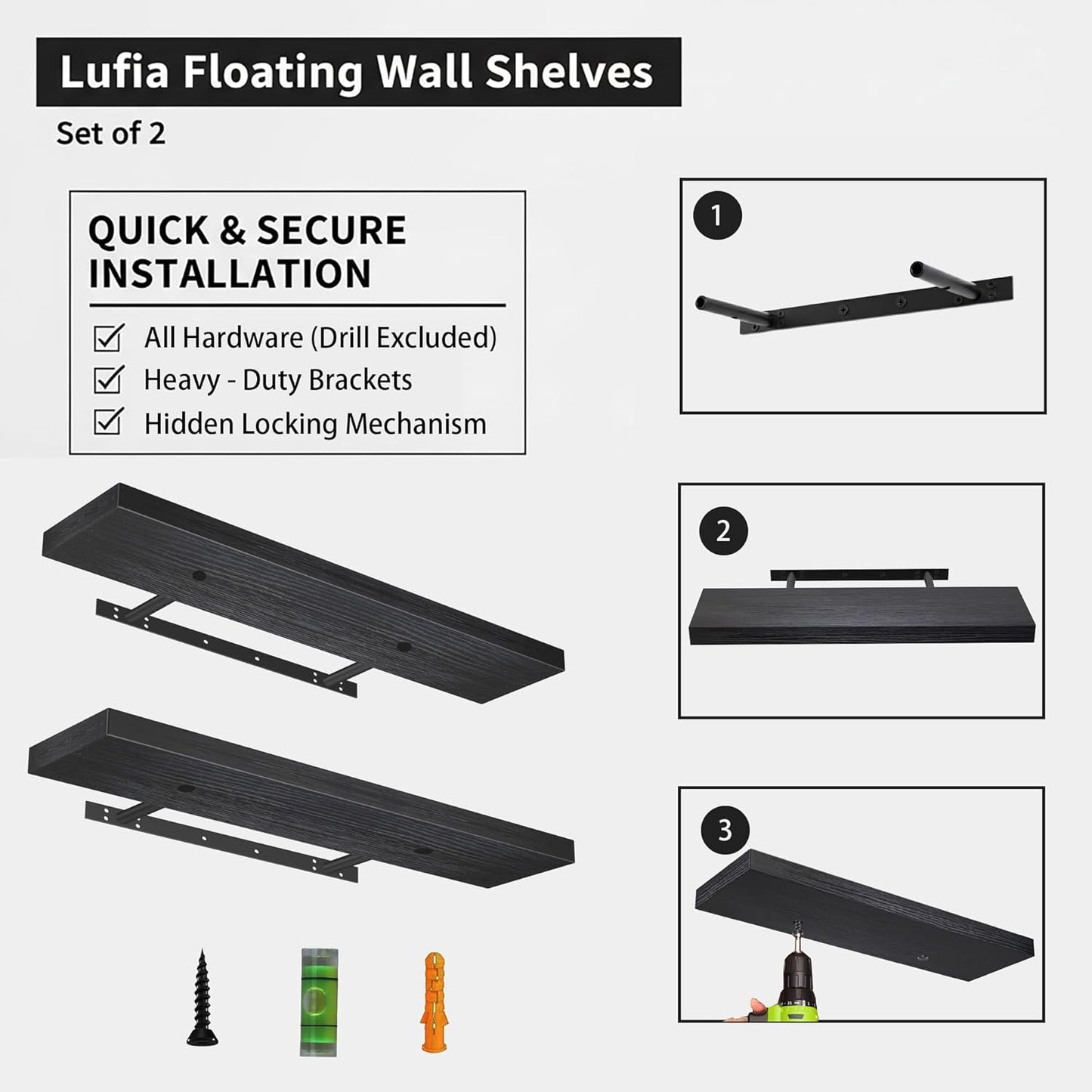 Lufia Floating Wall Shelves, Set of 2, MDF with Invisible Brackets, Modern Storage for Bedroom, Bathroom, Living Room, Kitchen (Black, 28" W X 7" D X 1.5" H)