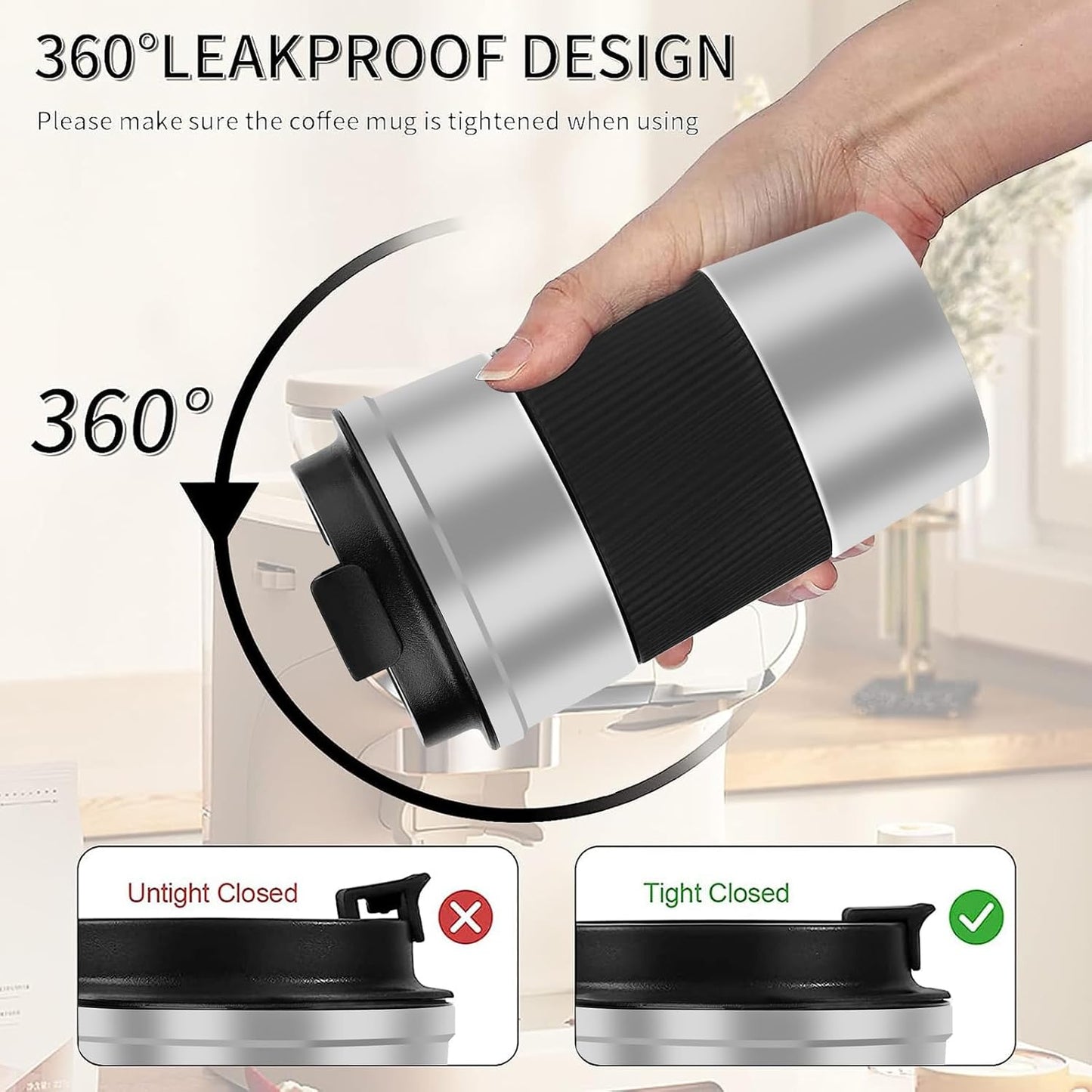 YINBAOGE Insulated Travel Coffee Mug Spill Proof Leak Proof Pobtable To Go Camping Stainless Steel Coffee Tumbler Reusable Coffee Cups with Lids Thermos for Hot and Cold Drink (Silver black, 12 OZ)