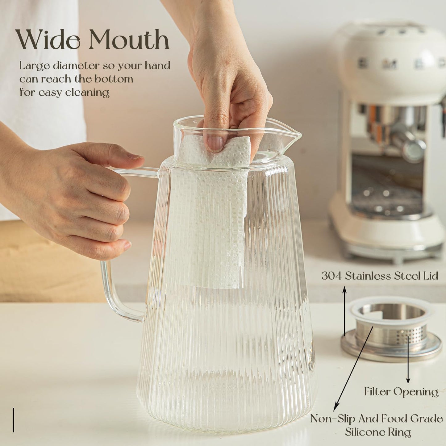 71oz Glass Pitcher with Lid, Ribbed Beverage Carafe for Hot & Cold Drinks, Water Jug with Handle for Juice, Tea, Milk, Iced Coffee – Heat Resistant Glass Serveware (1)