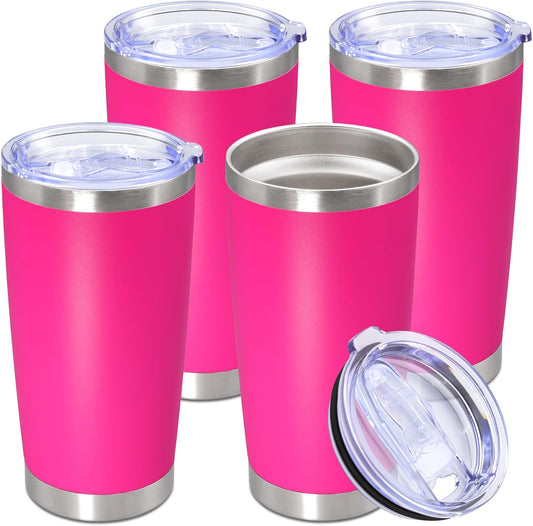 20oz Tumbler Stainless Steel Tumbler Cup with Lid Vacuum Insulated Double Wall Travel Mug, Durable Powder Coated Travel Coffee Tumbler Mug for Hot & Cold Drinks, Hot Pink,4 Pack