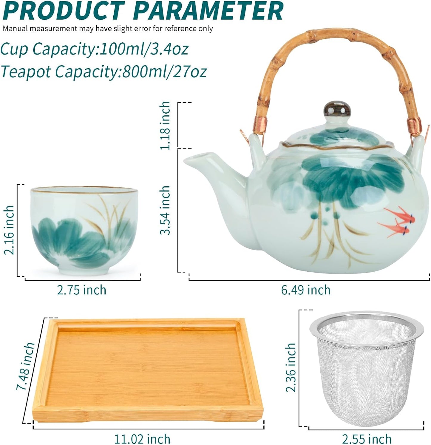Japanese Tea Set Porcelain Tea Set with Teapot and Tea Cup Set for 4, Green and White Tea Sets for Adults with Stainless Infuser and Bamboo Tray, Asian Tea Set for Tea Lovers/Women/Men (Lotus)
