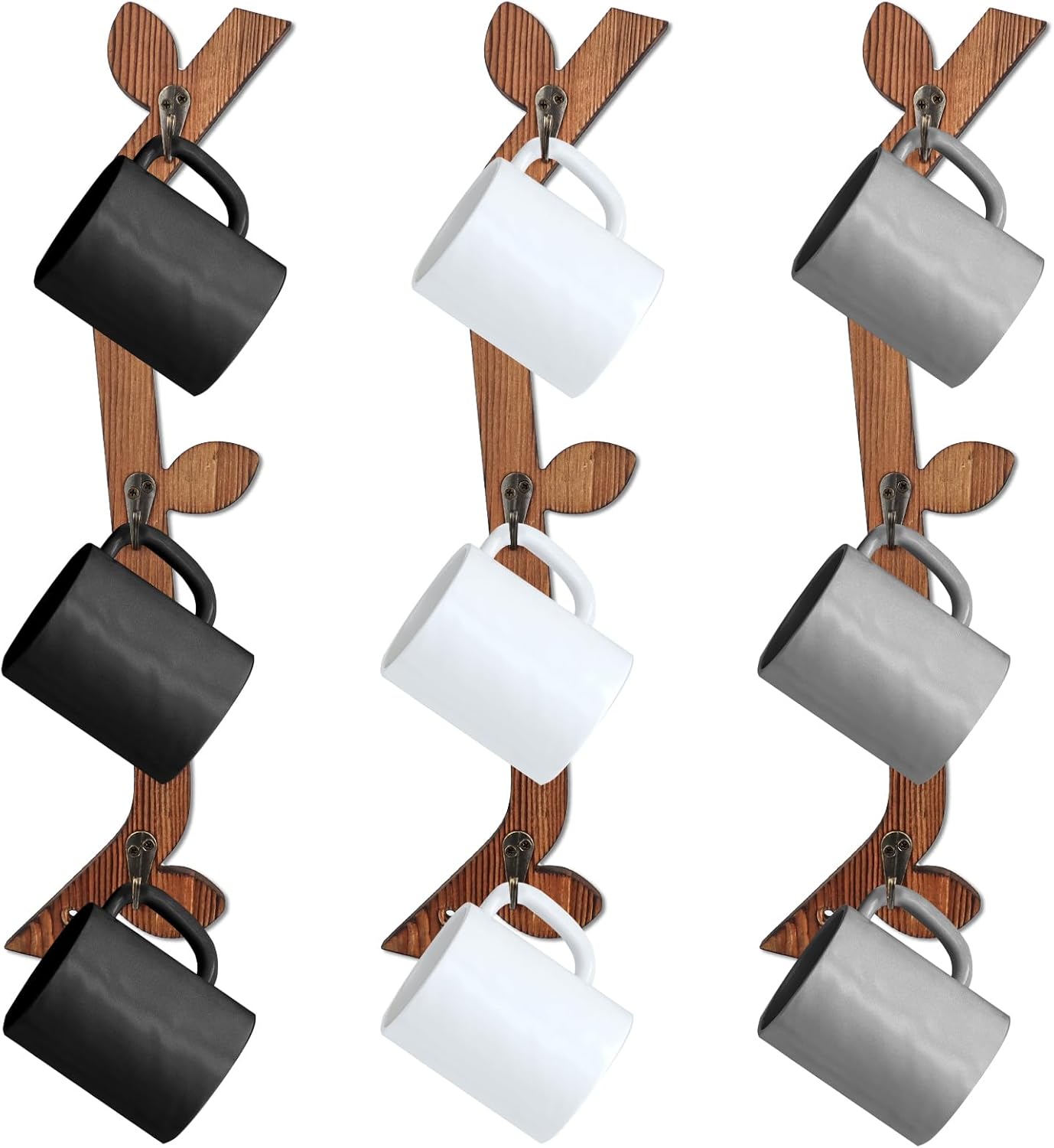 3 Pack Wood Coffee Mug Wall Rack with 9 Hooks Wall Mount Coffee Cup Holder Wooden Espresso Cup Holder Tree Brown Mug Stand Display Wall Mounted Cup Drying Rack for Kitchen Cafe