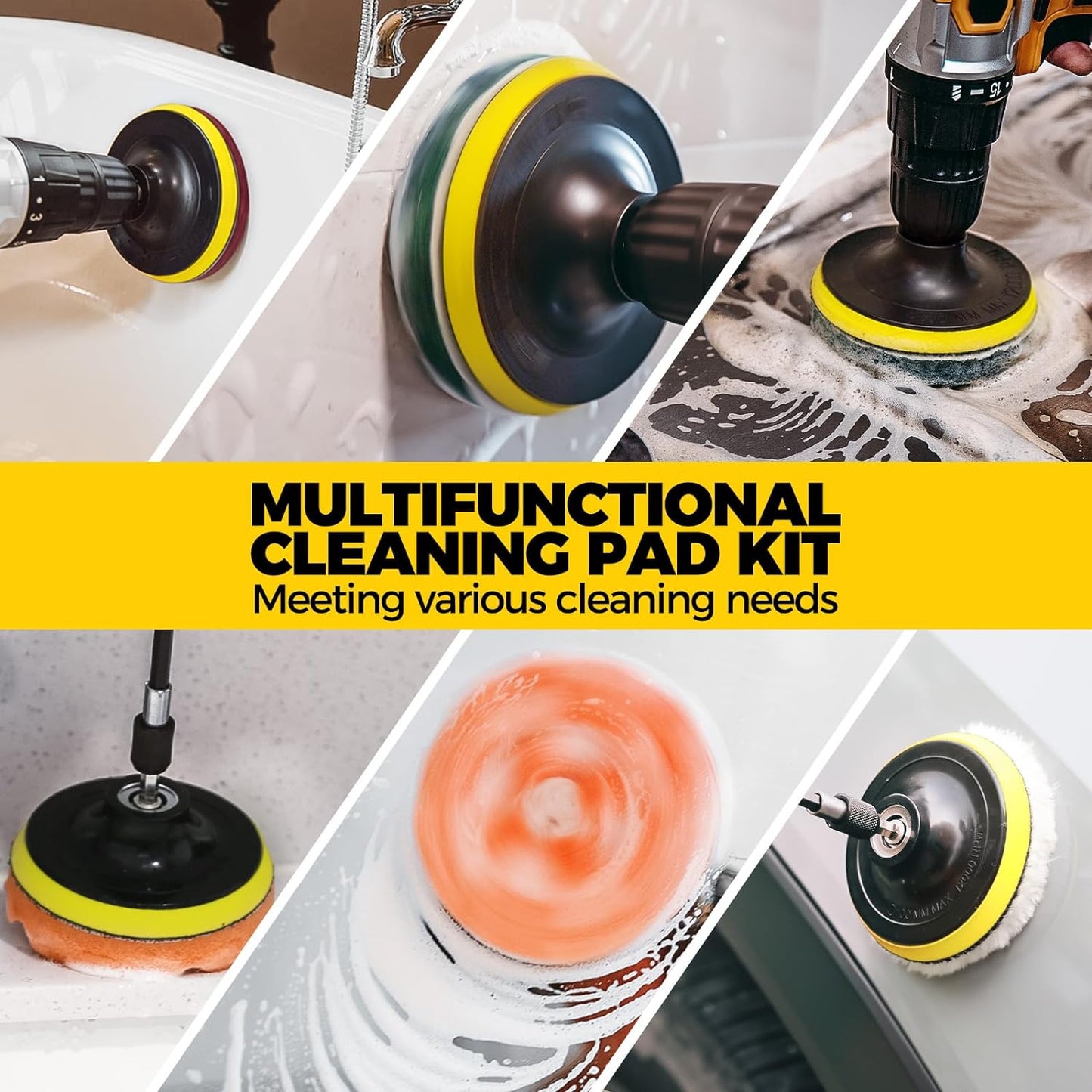 Holikme 30 Piece Drill Brush Set, Scrub Pads Scrubber Brush with Extend Long Handle Clean for Grout, Tiles, Bathtub, Bathroom, Kitchen, Black