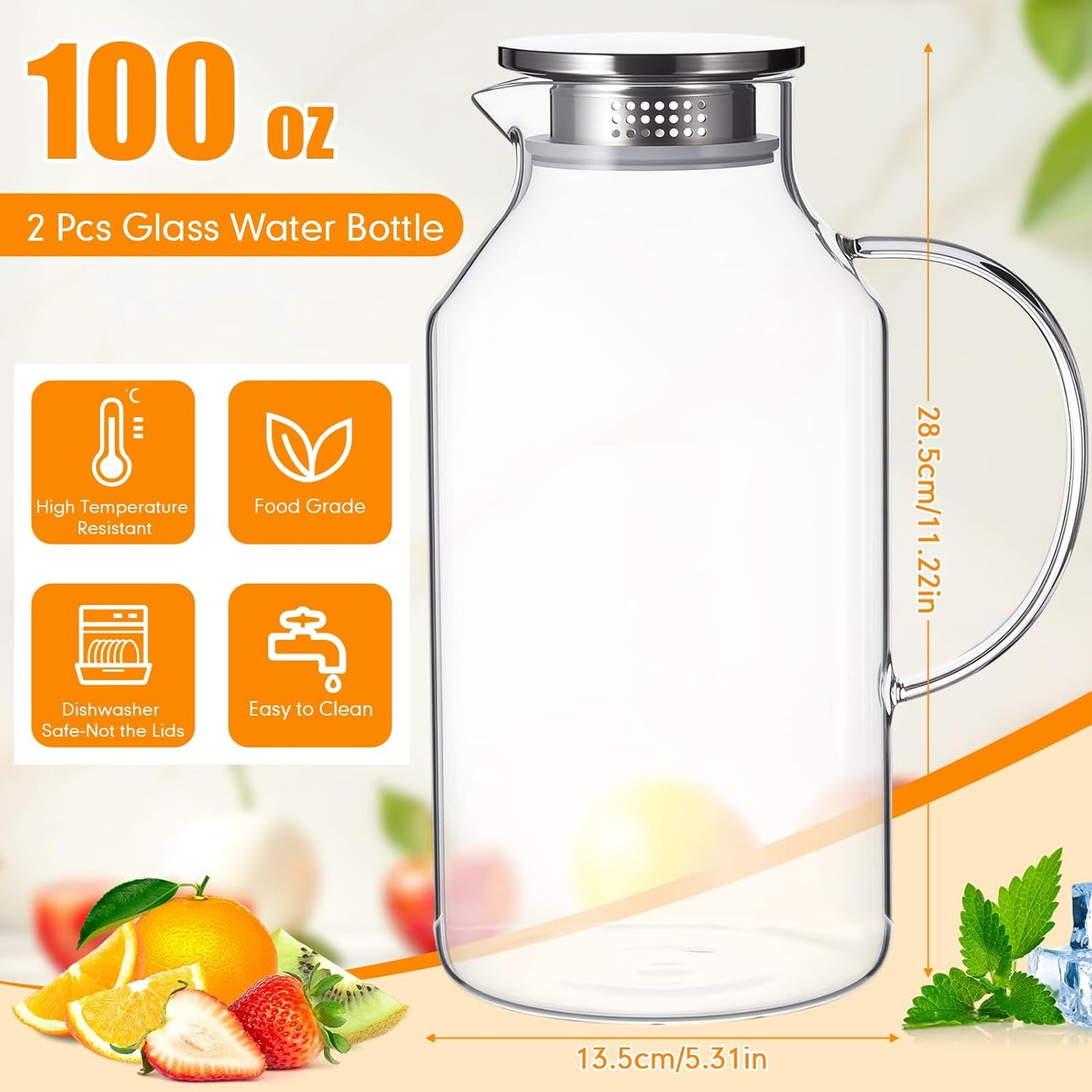 Honeydak 2 Pack 3 Liters 100 oz Column Glass Pitcher with Lid and Handle, Glass Water Jars Carafe Jug for Hot/Cold Drinks, Tea, Beverages, Parties and Picnics