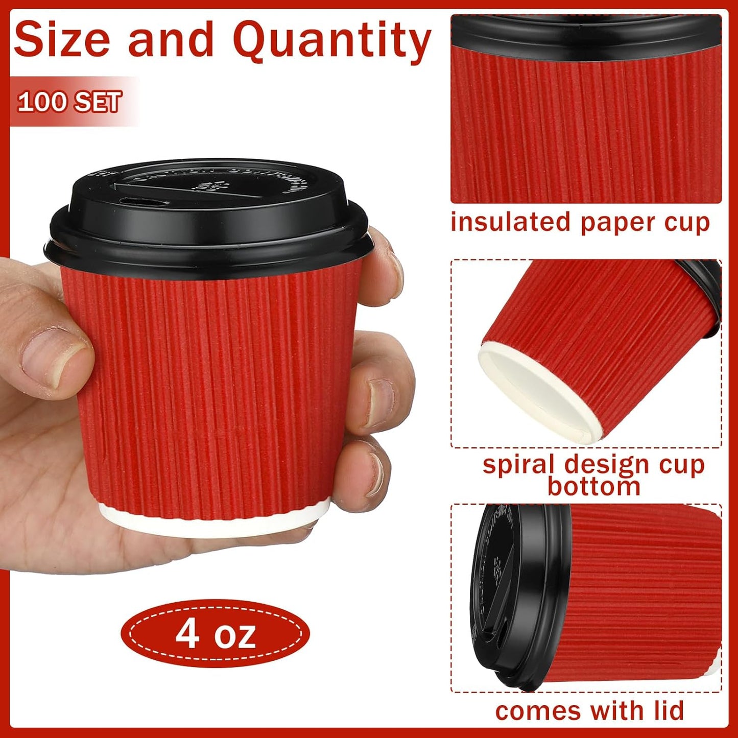 Uiifan 100 Set 4oz Disposable Espresso Cups with Lids Ripple Corrugated Paper Disposable Coffee Insulated Hot Ripple Cups for hot Chocolate, Tea, and Cocoa Drinks(Red)