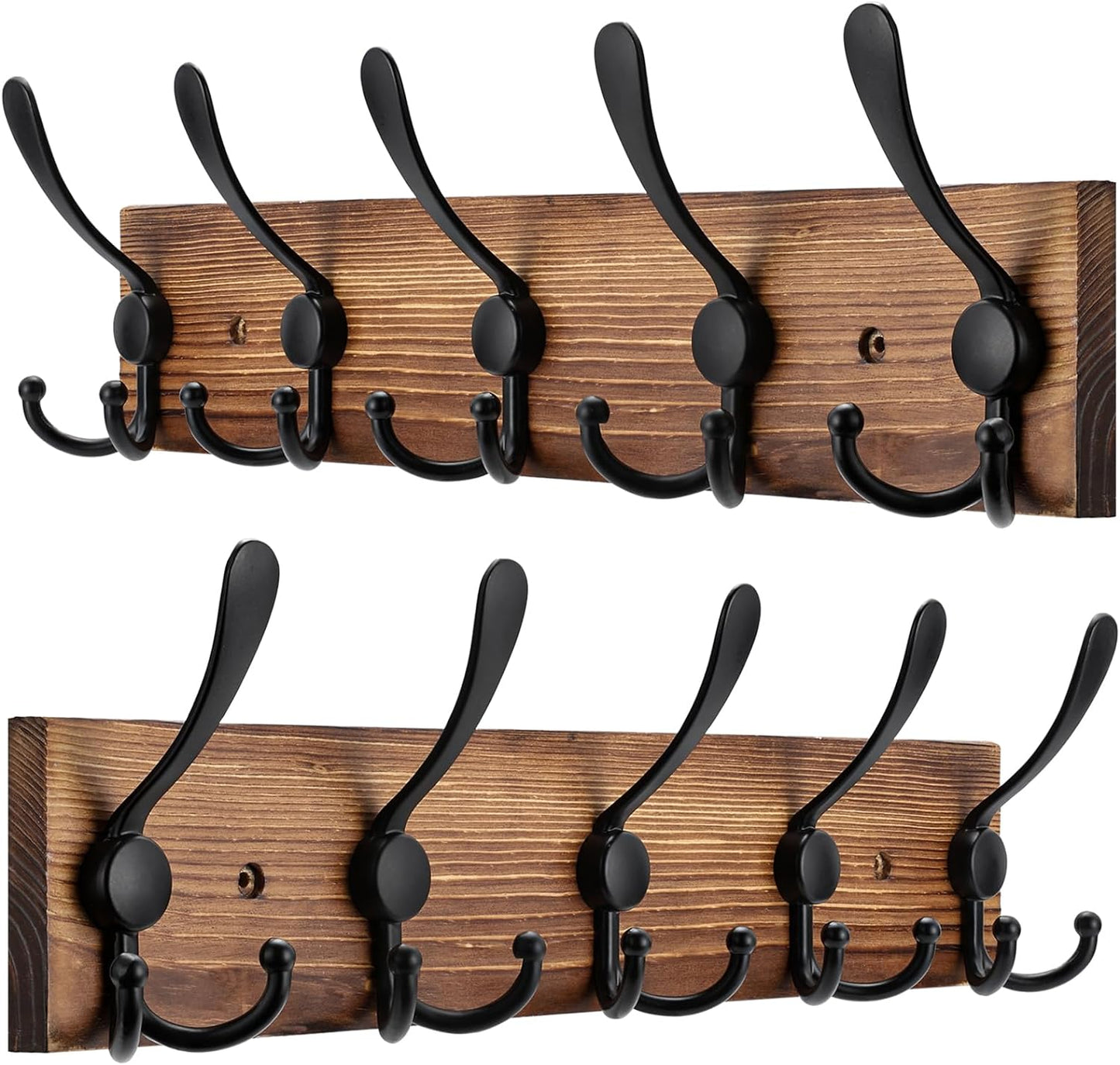2pcs Coat Rack Wall Mount Wooden Hat Rack for Wall Hooks Pine Real Wood Plank 16.9" Brown Coat Hanger with 5 Triple Hooks for Hanging Coat Hat Jacket