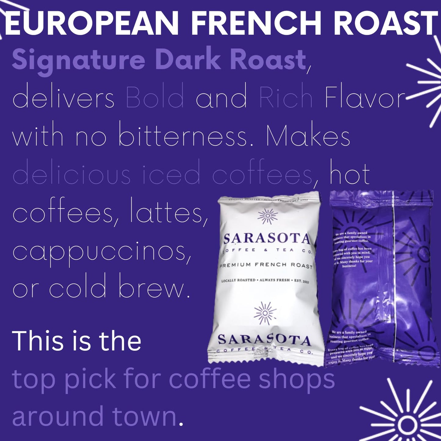 Sarasota Coffee Ground Packets | Low Acid Dark Roast Ground Coffee Packs | European French Roast | Mold Free Singles | Ground Pouches | Individual Packets for 12 Cup Coffee Maker | 1.5 Ounce Bags, 42 Count