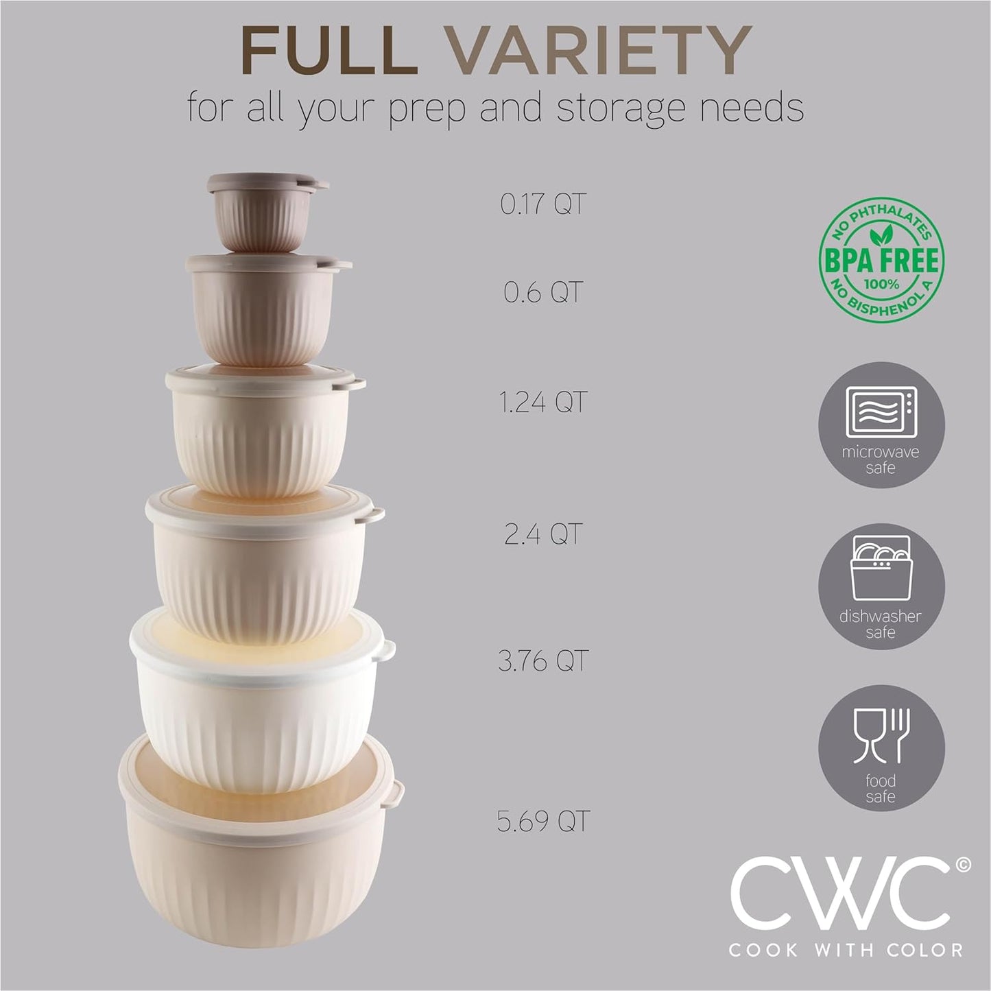 COOK WITH COLOR Prep Bowls with Lids- Wide and Deep Nesting Plastic Small Mixing Bowl Set with Lids, 12 Piece Set - Deep Bowls, Brown