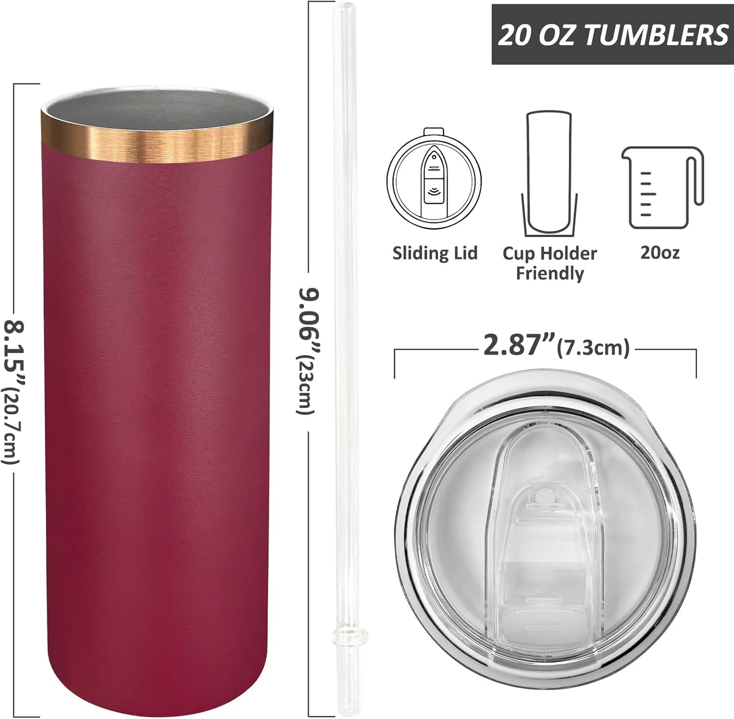 20 oz Skinny Tumblers Bulk 8 Pack, Stainless Steel Insulated Tumbler with Lids and Straws, Slim Double Wall Powder Coated Travel Coffee Mugs Reusable Cup for Hot Cold Drinks (Red,8 pack)