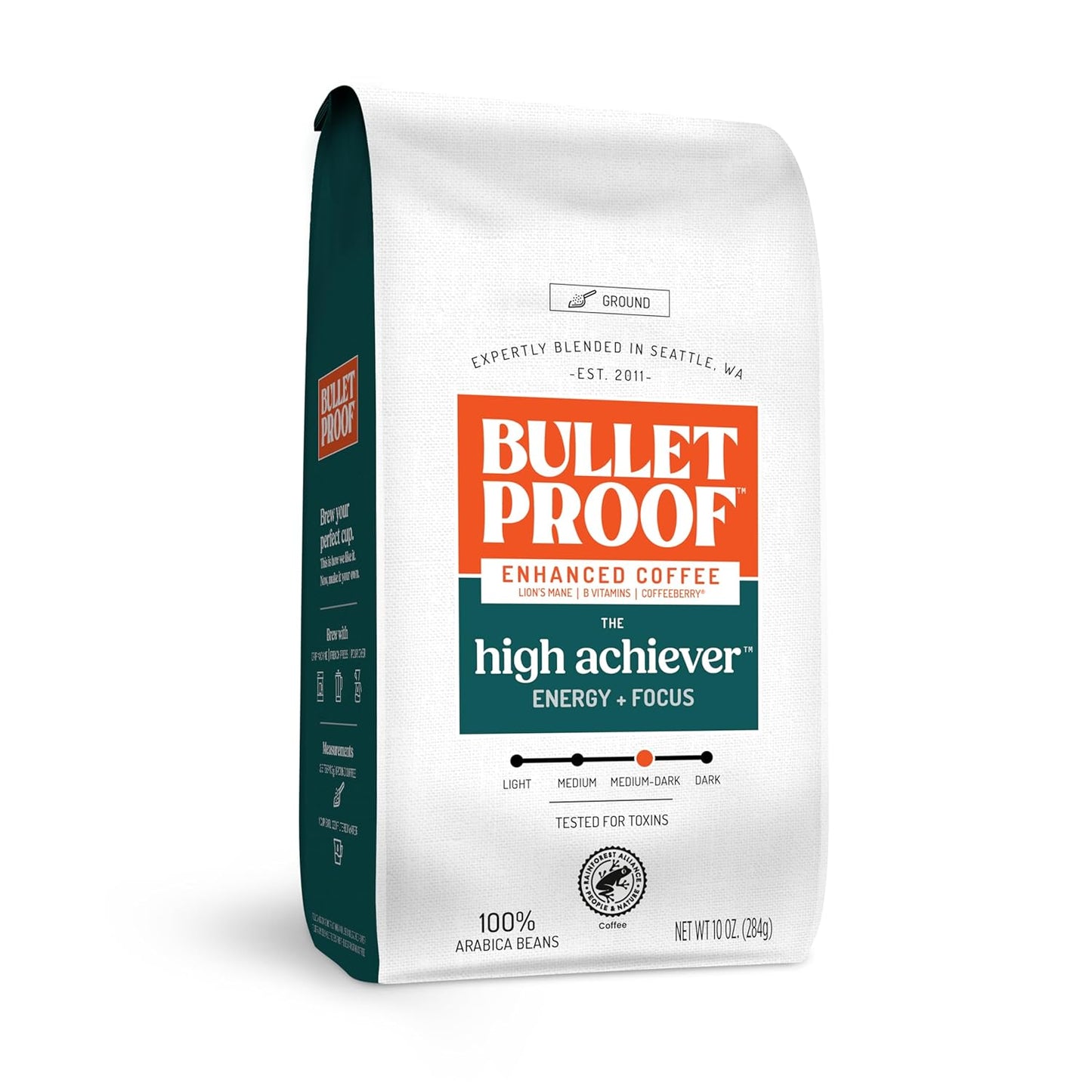 Bulletproof The High Achiever Ground Mushroom Coffee, 10oz, High Caffeine with Lion's Mane, B Vitamins and Adaptogens for Energy & Focus, Medium-Dark Roast
