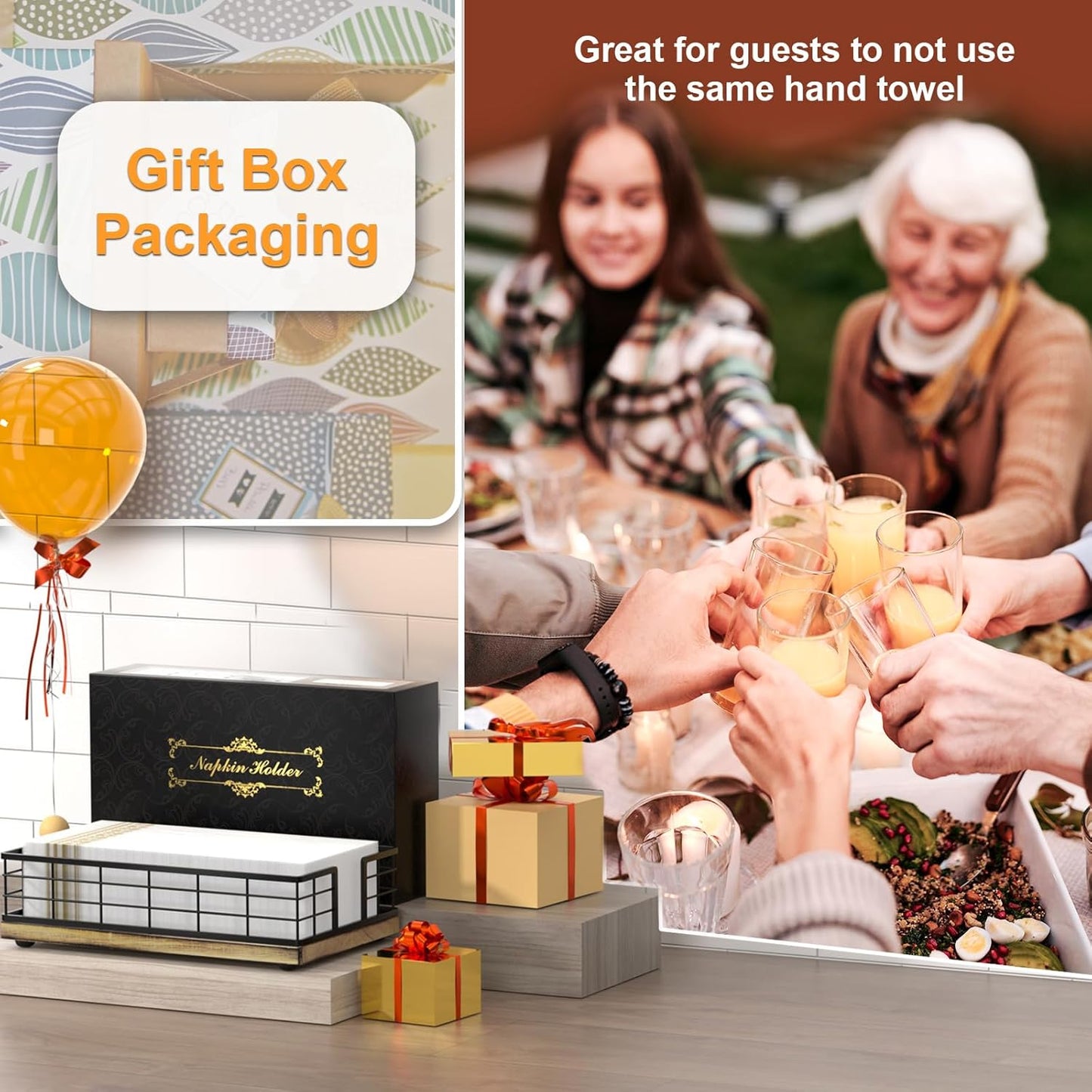 Wican Guest Towel Holder Tray for Bathroom, Oak and Iron Napkins Holder for Powder Room Dinning Table Wooden Basket for Disposable Paper Hand Towels Black and Farmhouse Brown