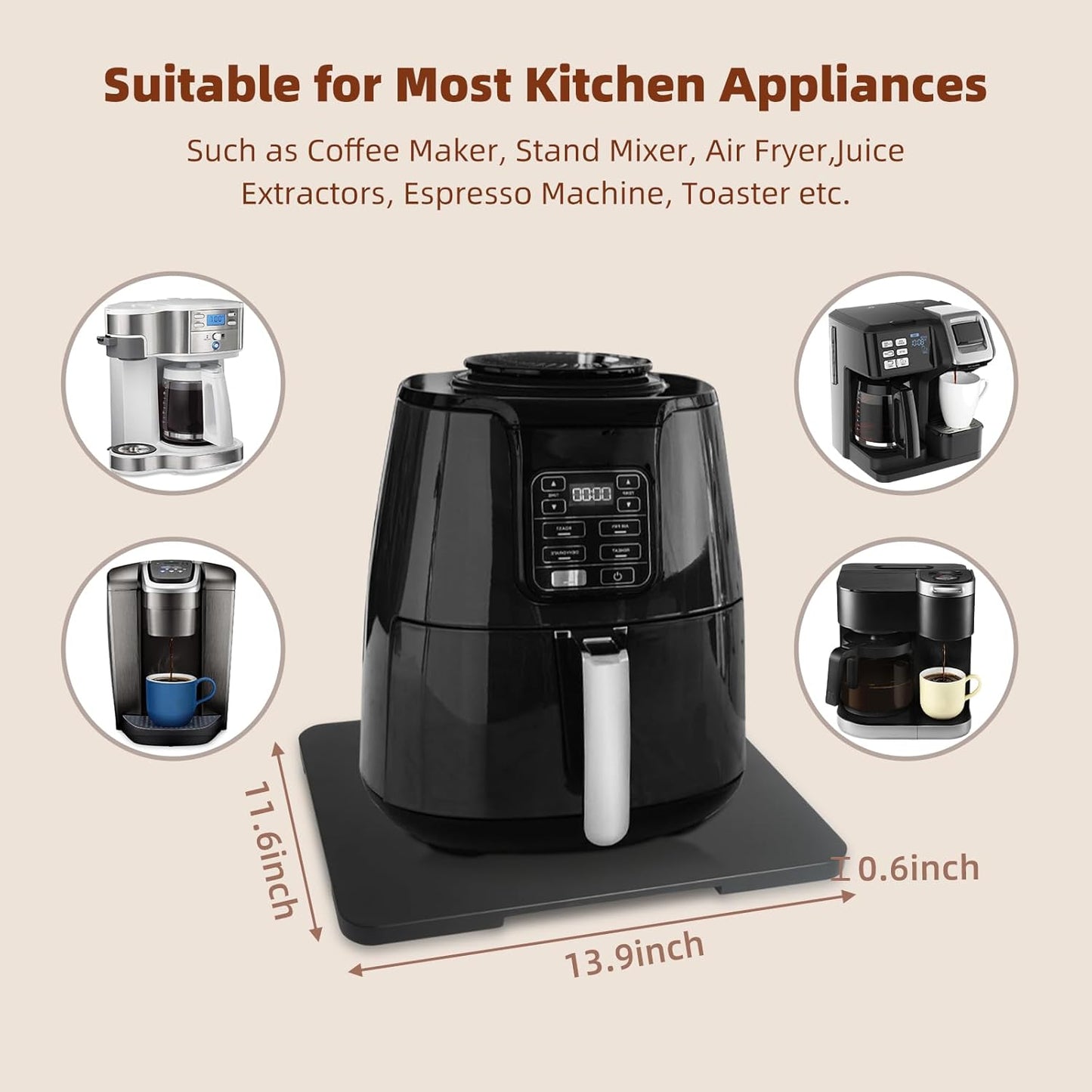 360° Rolling Tray Bamboo Appliance Slider for Kitchen Appliances, Coffee Maker Mat Tray for Countertops Sliding Tray for Coffee Maker Appliances Mat Easily from Under The Cabinet Black 11.6×13.9