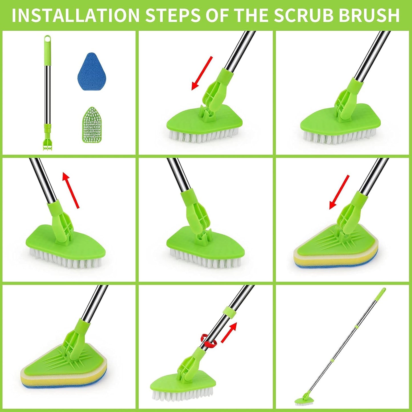 Scrub Cleaning Brush with Long Handle 35'' - Extendable Floor Scrubber with 1 Stiff Bristles & 3 Sponge Brush, Adjustable Lightweigh Detachable Kitchen Brush for Baseboard Shower Bathroom Bathtub Tile