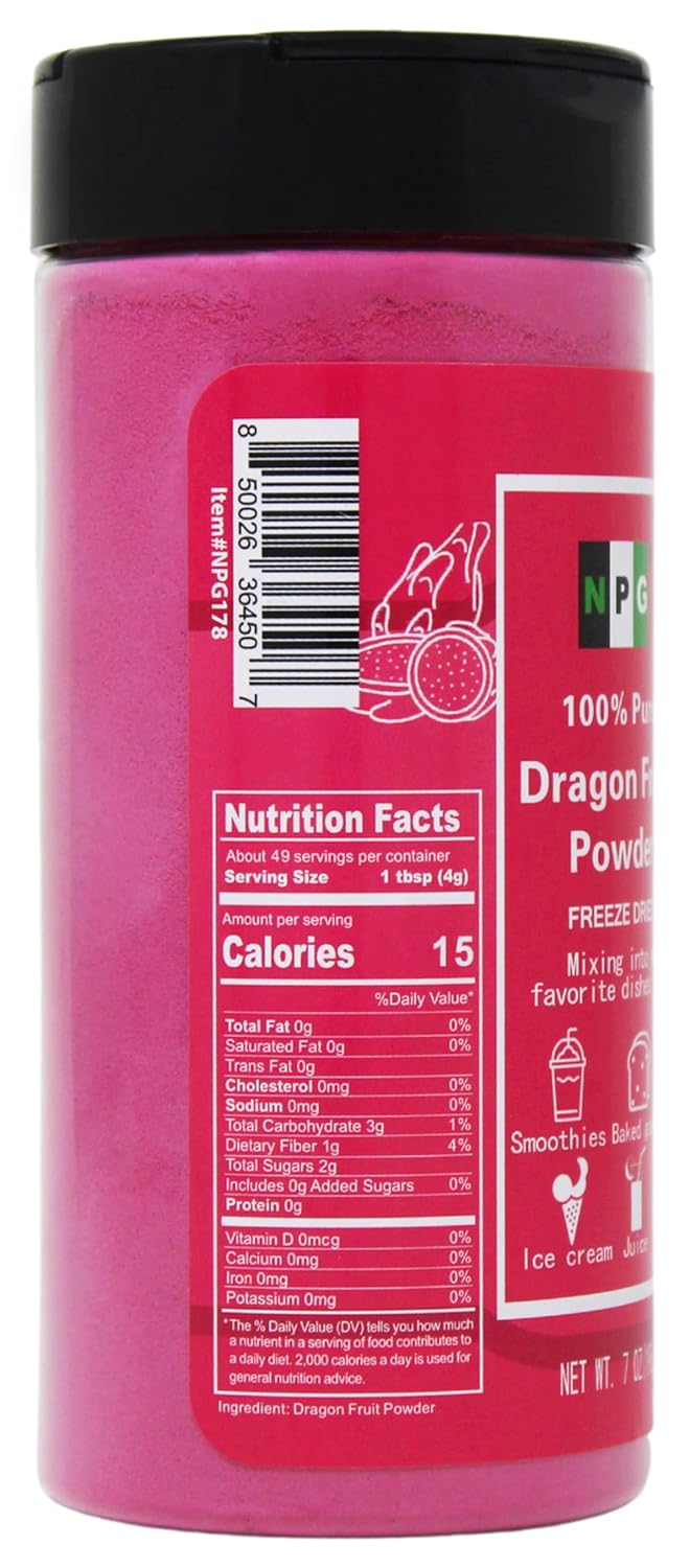 NPG Freeze Dried Red Dragon Fruit Powder 7 Oz, Seedless Fine Powder for Food Coloring, Baking, Smoothies, Drinks, Ice Cream, Cocktails, Vegan, Non-GMO, No Added Sugar