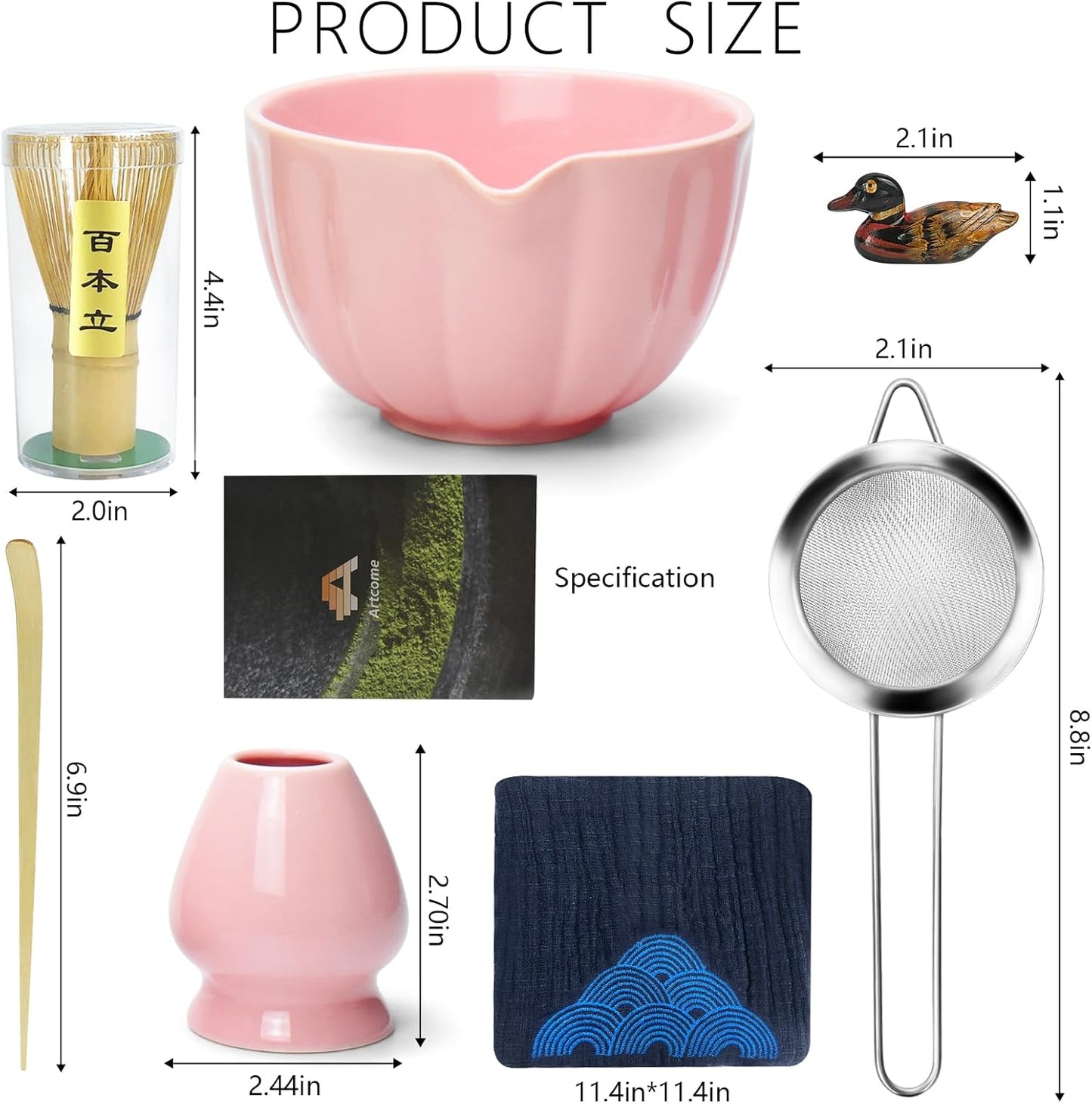 Artcome 7 Pcs Japanese Matcha Tea Set - Matcha Bowl with Pouring Spout, Matcha Whisk, Tea Scoop, Whisk Holder, Handmade Matcha Ceremony Kit For Japanese Tea Ceremony, Rose