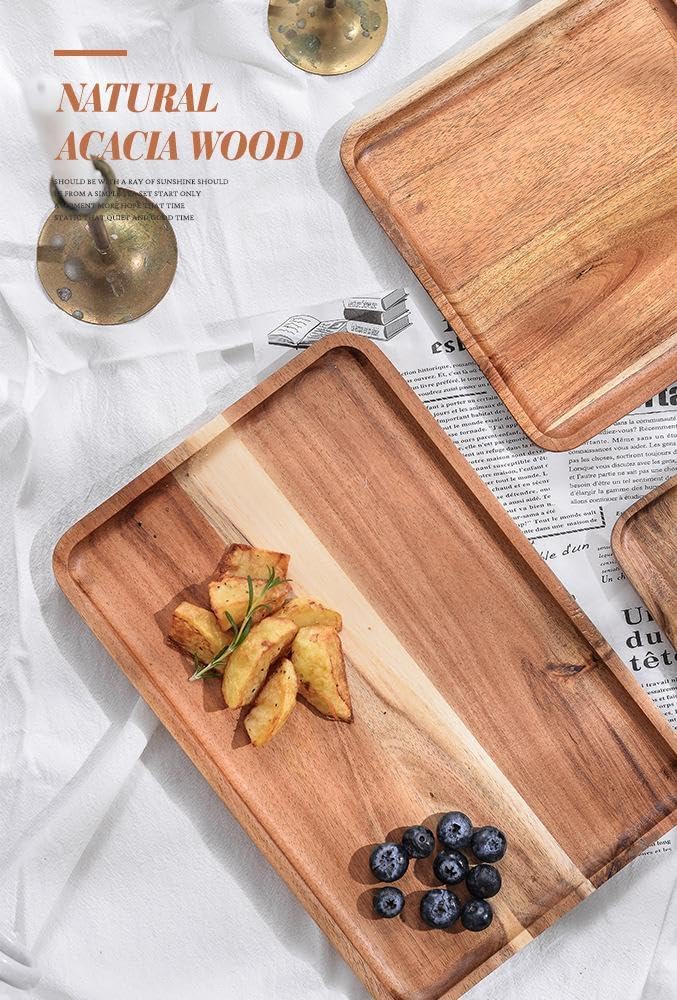 2 PCS Solid Acacia Wood Serving Trays Rectangular Wooden Serving Platters Natural Wooden Boards for Bar Coffee Party 13.5 * 9.5 inch (13.5 * 9.5)