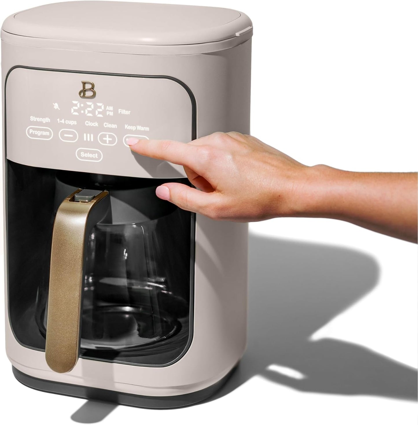 Beautiful Coffee Maker, 14-Cup, Touch Display, Programmable, 1200W, Stainless Steel, Keep Warm, 24h Timer dishwasher-safe (Porcini Taupe)