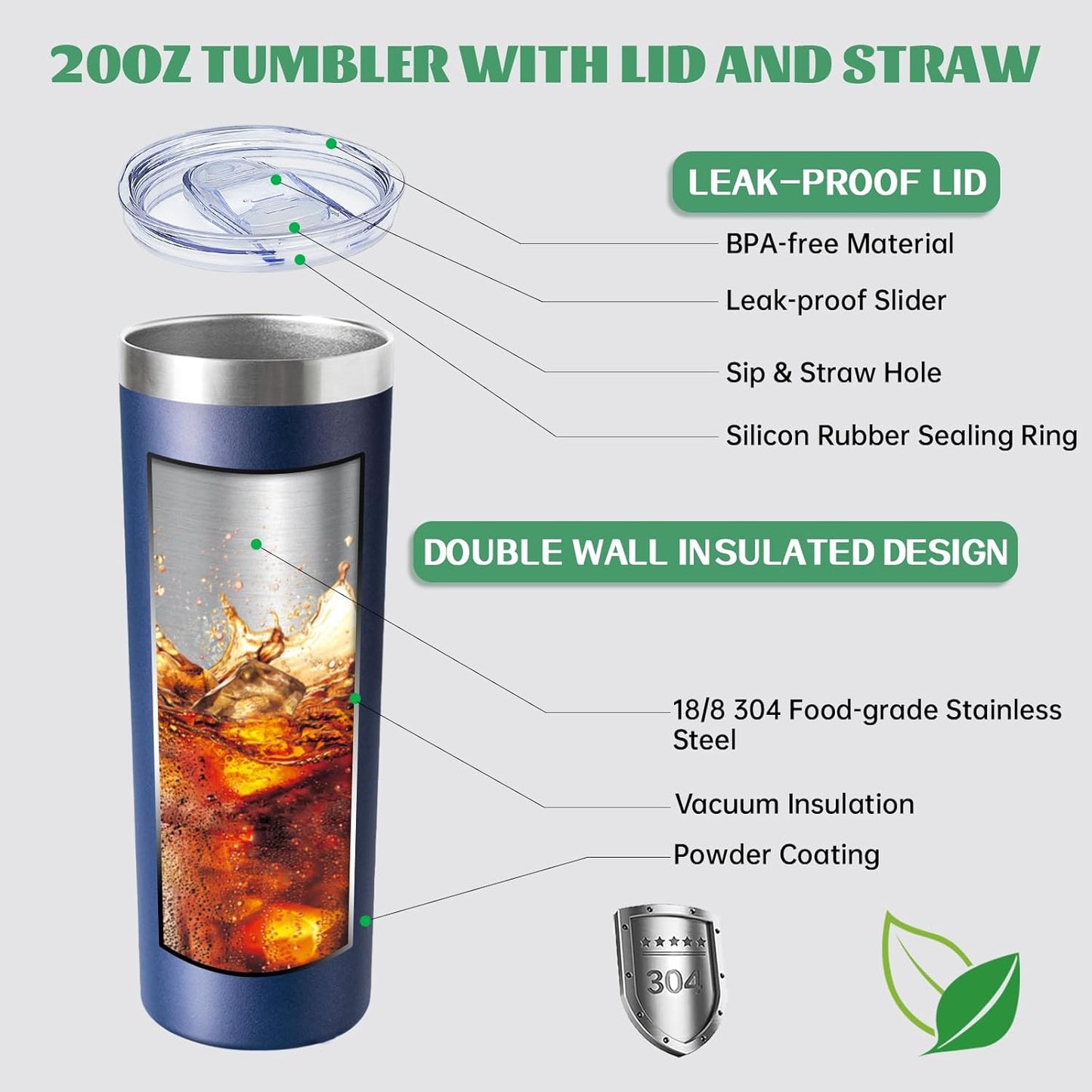 20 oz Skinny Tumbler with Lid and Straw,Stainless Steel Vacuum Insulated Tumbler Cup Double Wall Leak-proof Coffee Mug,Travel Thermal Water Tumbler for Home,Office,Outdoor(Navy Blue,8)