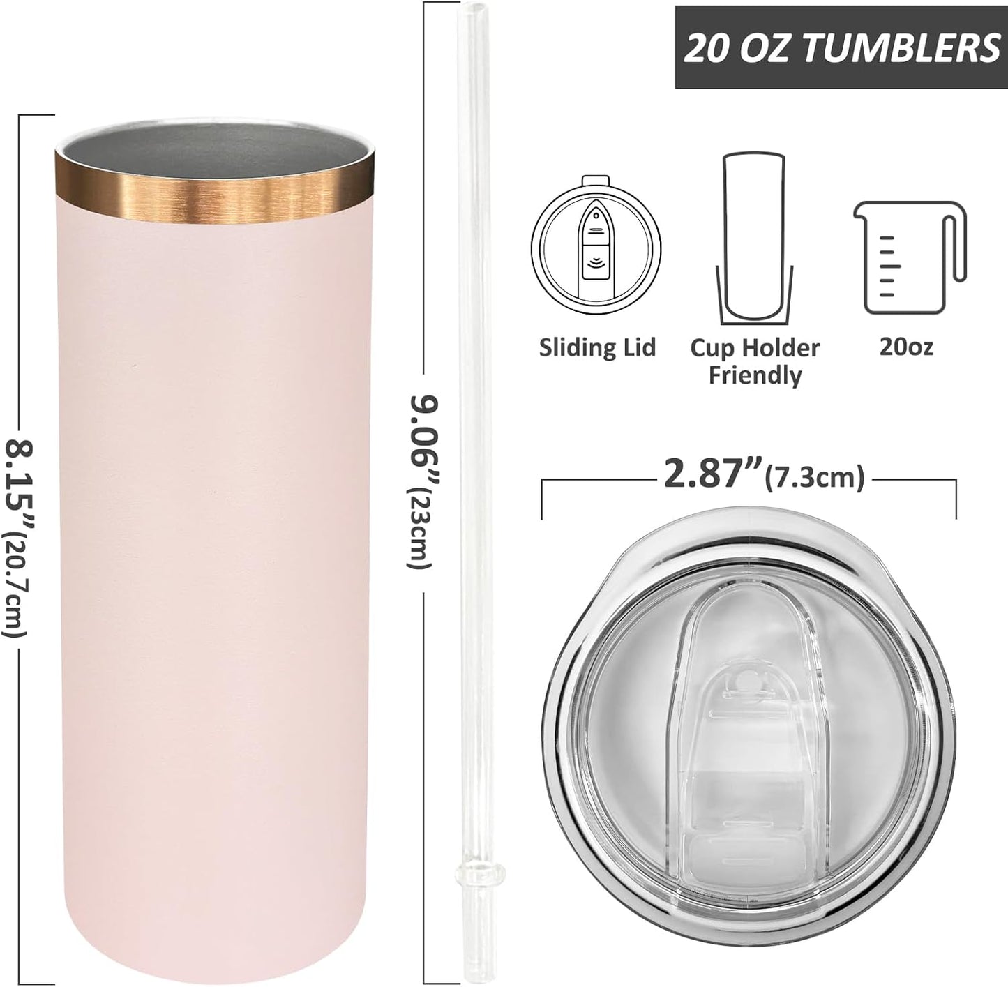 20 oz Skinny Tumblers Bulk, Stainless Steel Insulated Tumbler with Lids and Straws, Slim Double Wall Powder Coated Travel Coffee Mugs, Reusable Cup for Hot and Cold Drinks (Pink,1 pack)