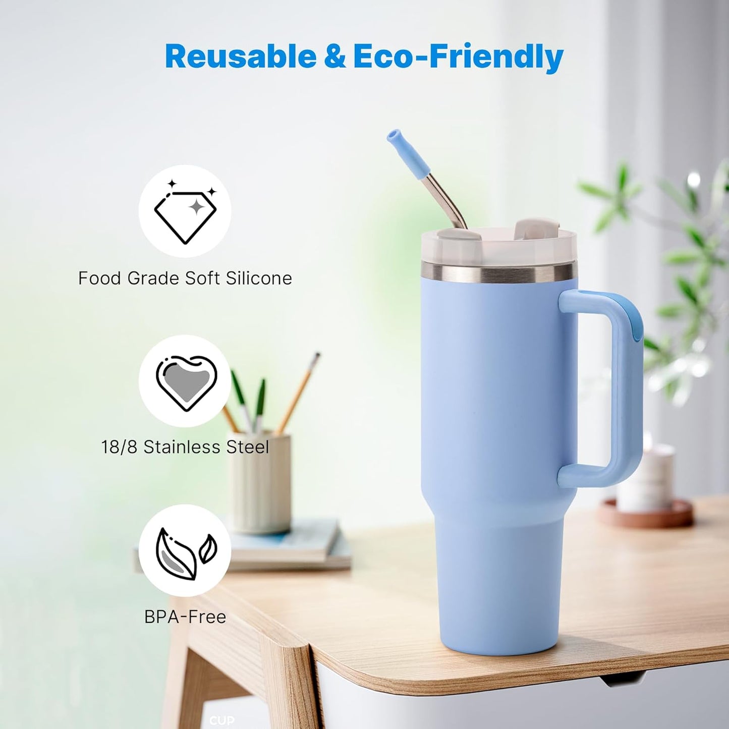 2 Pcs Stainless Steel Straw with Silicone Tips for 40 oz Stanley Tumbler, Repeatable 40 oz Metal Straws for Stanley Adventure Quencher Travel Tumbler Cup, BPA Free（Light Blue）