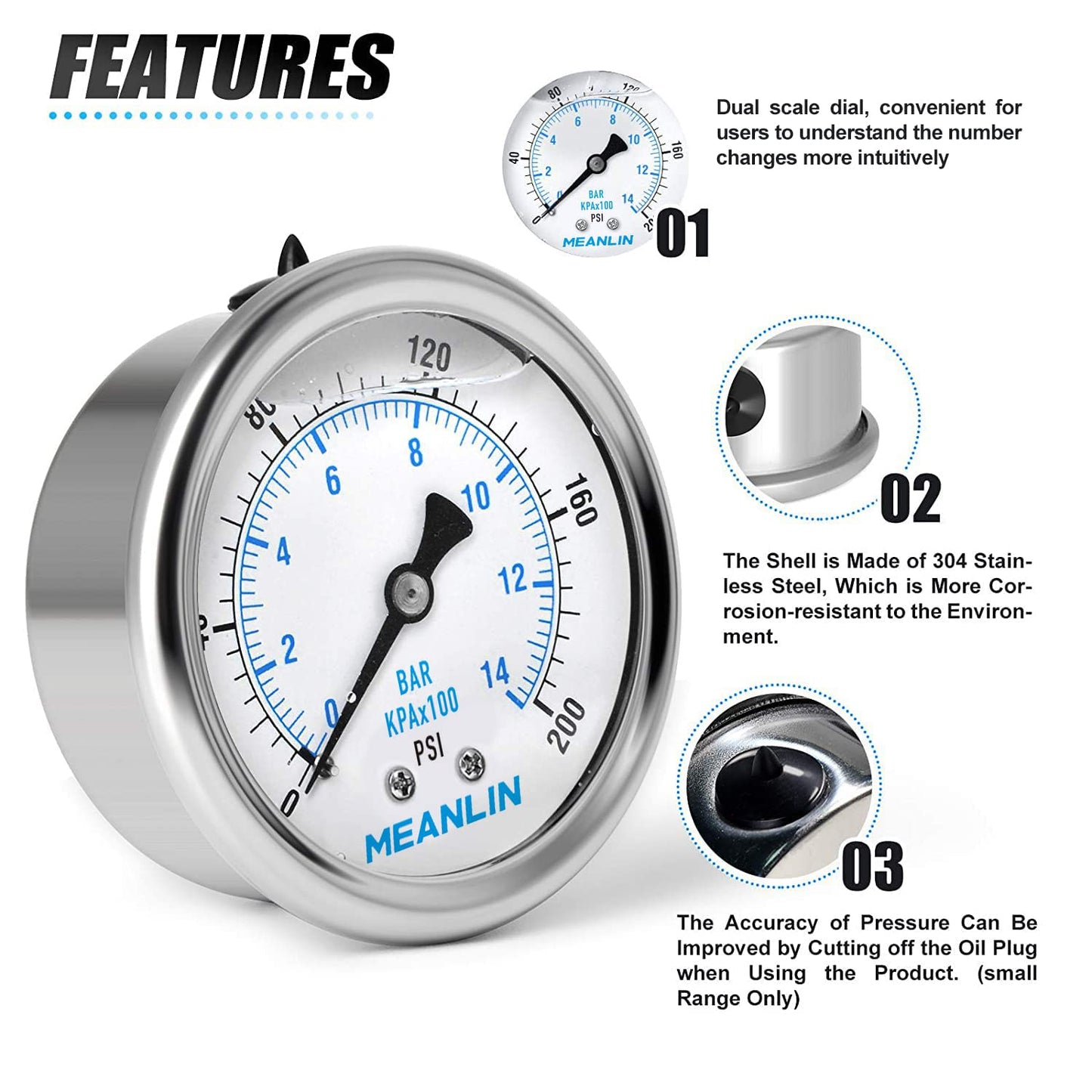 MEANLIN MEASURE 0~200Psi Stainless Steel 1/4" NPT 2.5" FACE DIAL Liquid Filled Pressure Gauge WOG Water Oil Air Back Mount (Pack of 2), with 1/2" NPT and 3/8" NPT Hex Bushing