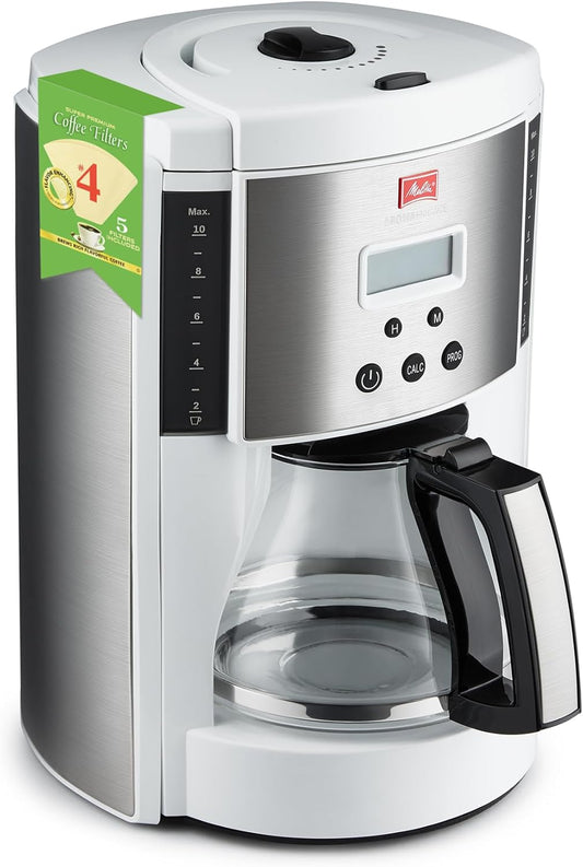 Melitta Aroma Series Programmable Drip Coffee Makers Parent (Aroma Enhance White 10 Cups) with 5-Pack Coffee Filter