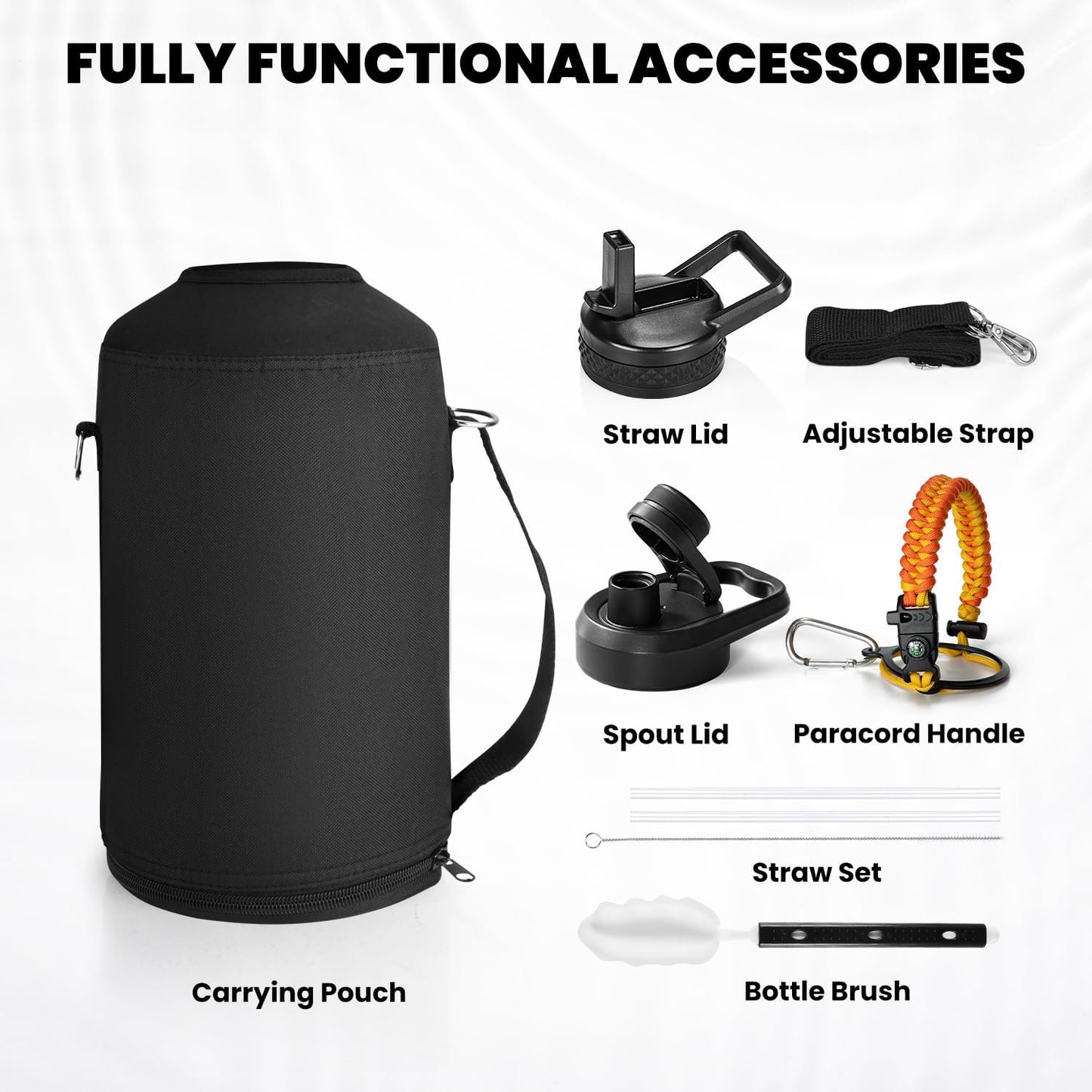 Insulated Water Bottle 64 oz, Triple Wall Vacuum Stainless Steel (Cold for 48 Hrs), Leak Proof & Non-BPA, Half Gallon Water Flask Jug with Paracord Handle & Straw Spout Lids, Ombre Orange