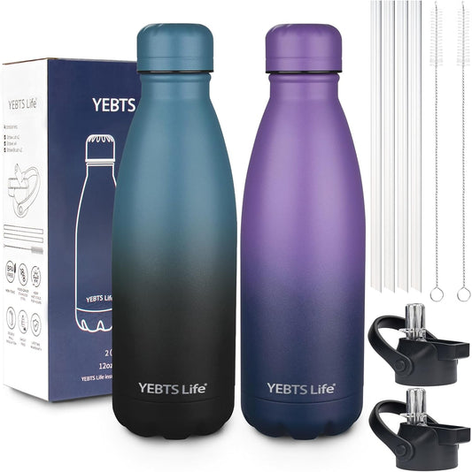 Insulated Water Bottle,2 Pack-12oz Stainless Steel Water Bottles with straw lid,Metal Sports Thermos Water Bottles for Boys,Girls,Double Wall Vacuum BPA-Free Flask for Sports (Purple-SeaIndigo)