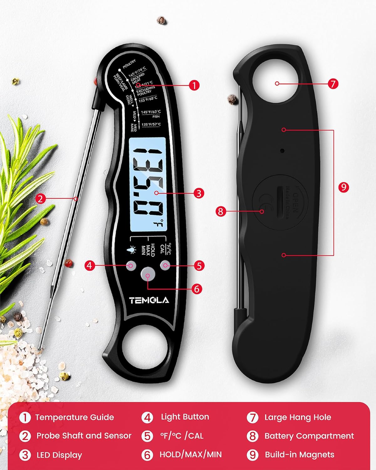 TEMOLA Meat Thermometer, Instant Read Food Thermometer with LCD Backlight Calibration, Waterproof Ultra Fast Digital Cooking Thermometer for Candy Deep Fry Liquids Beef Kitchen Baking Smoker Grill BBQ
