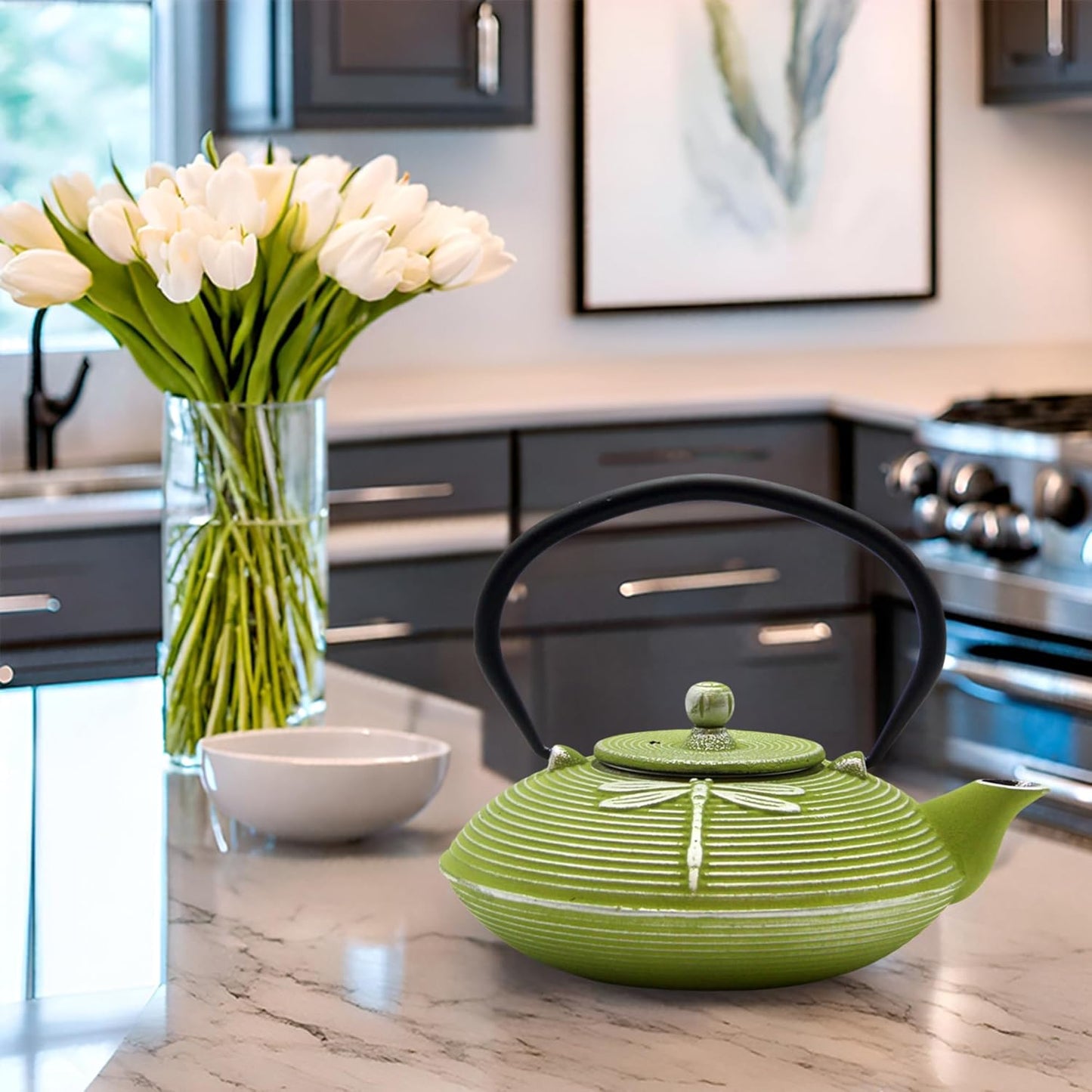 Cast Iron Teapot,SECHUDO Tea Kettle Coated with Enameled Interior for Loose Tea,Cast Iron Teapot with Stainless Steel Infuser for Stovetop Safe (27.1oz Flat Dragonfly Pattern)