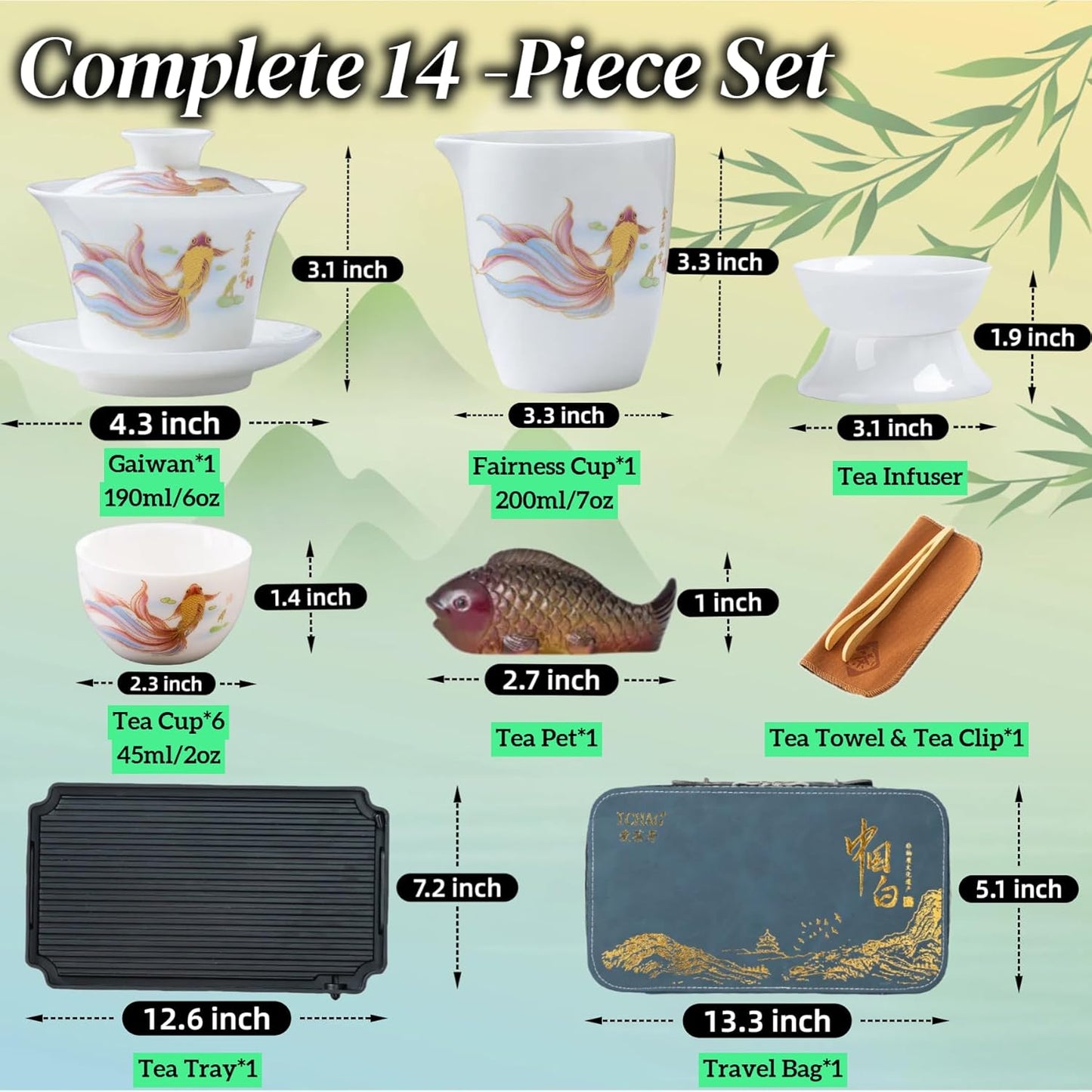 ICHAG Chinese Tea Set, Gongfu Tea Sets for Adults, China Gaiwan Teaset, 14-Piece Yangzhi Jade (茶具) Porcelain Set with Tea Pet, Portable Travel Teaset for Home, Outdoor, Office Gifts (White)